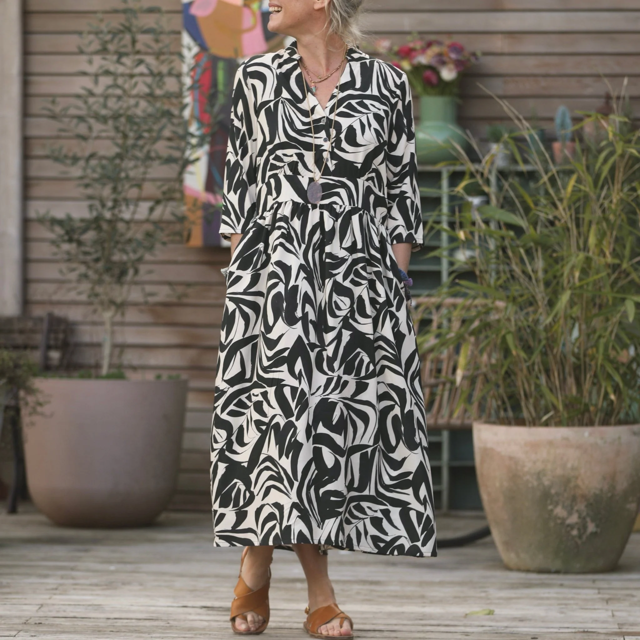 Robe Manon viscose imprimé graphique noir/ivoire