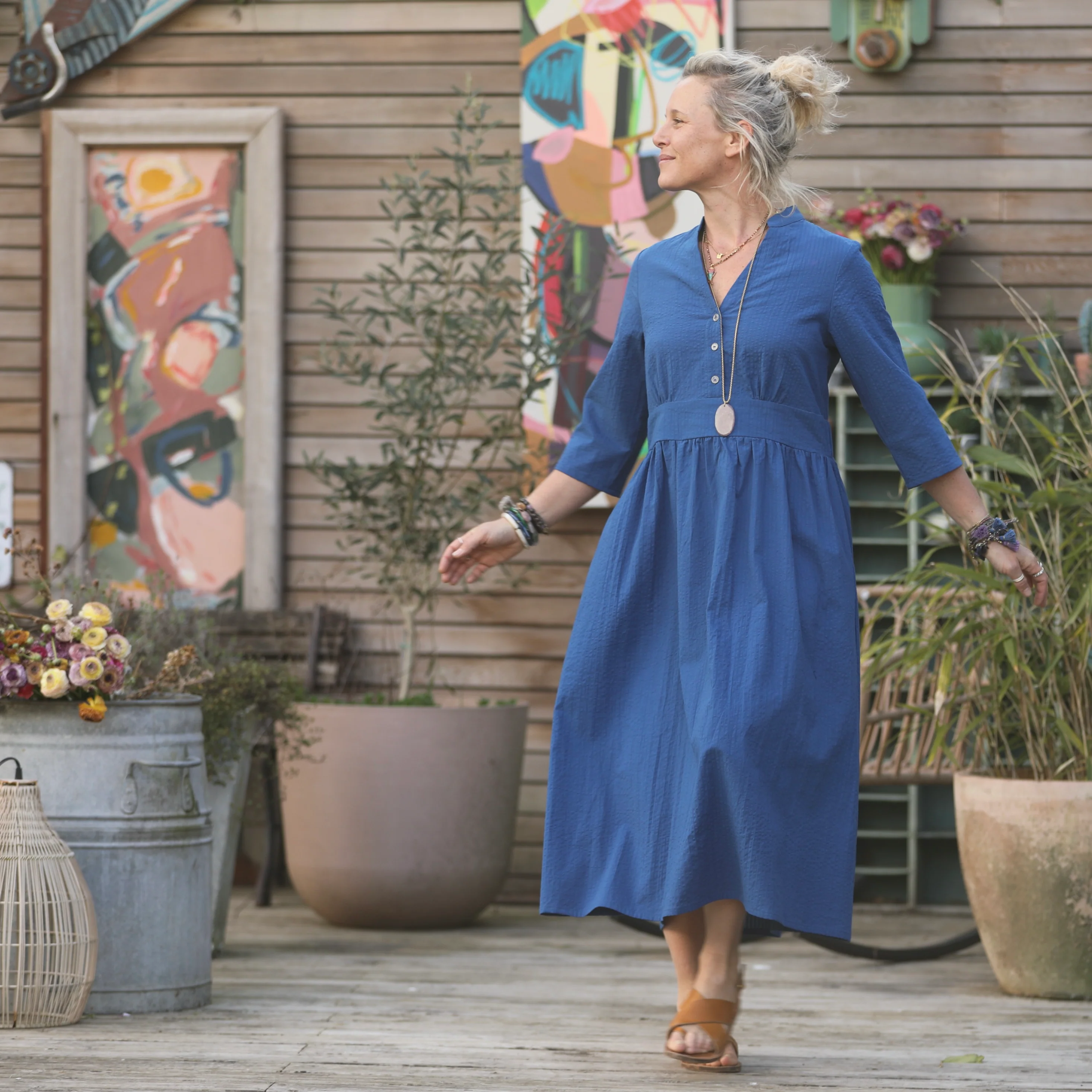 Robe Manon seersucker de coton bleu indigo