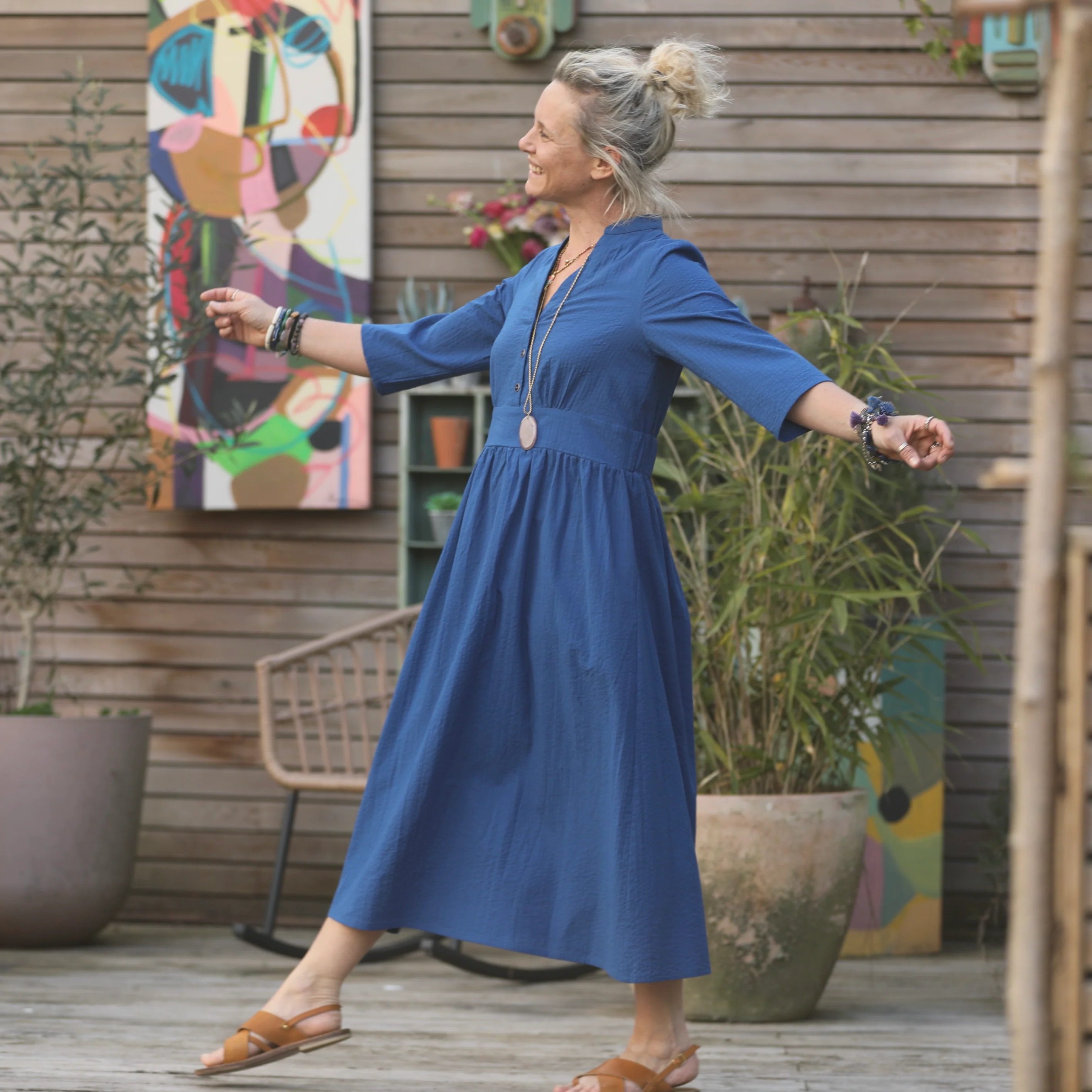 Robe Manon seersucker de coton bleu indigo - Image 8