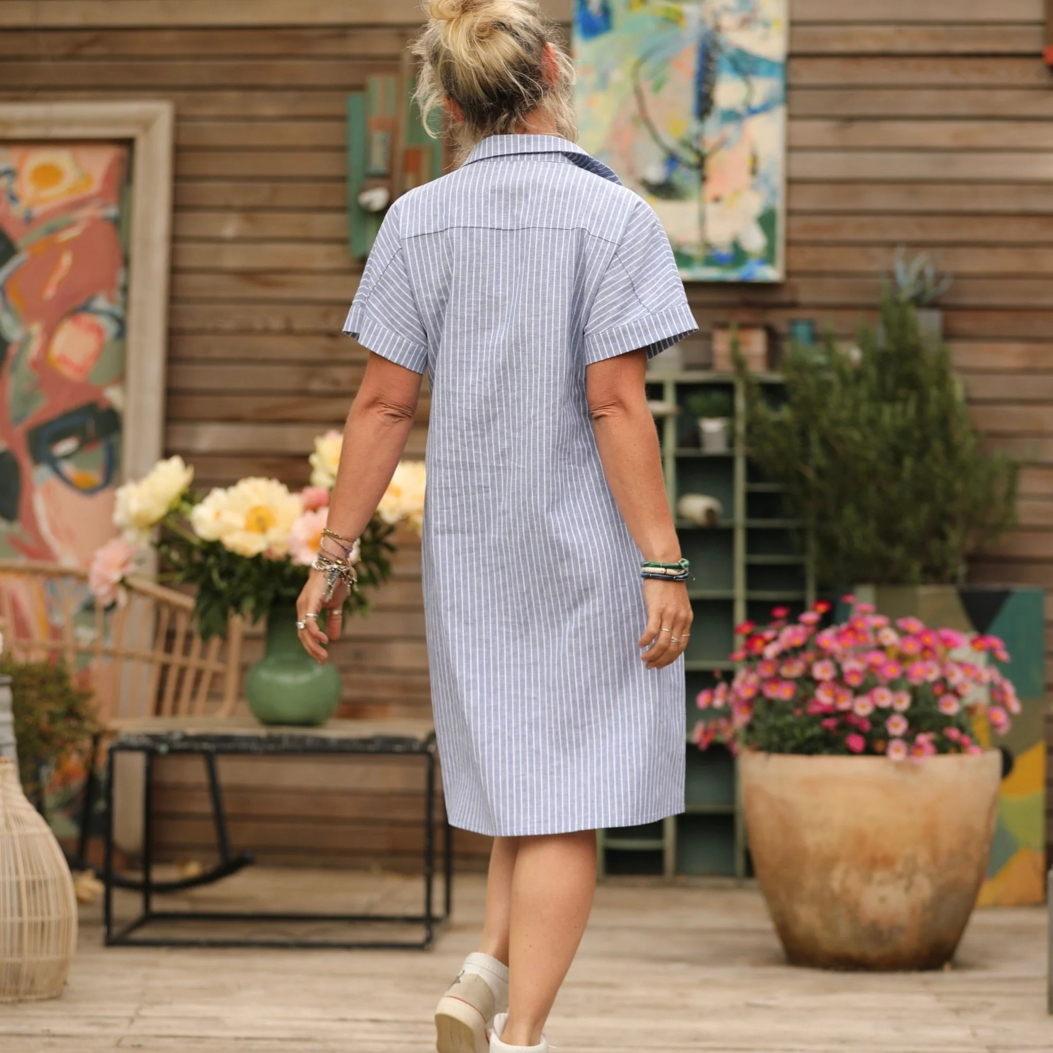 Robe Marlène - coton/lin rayé bleu - Image 2