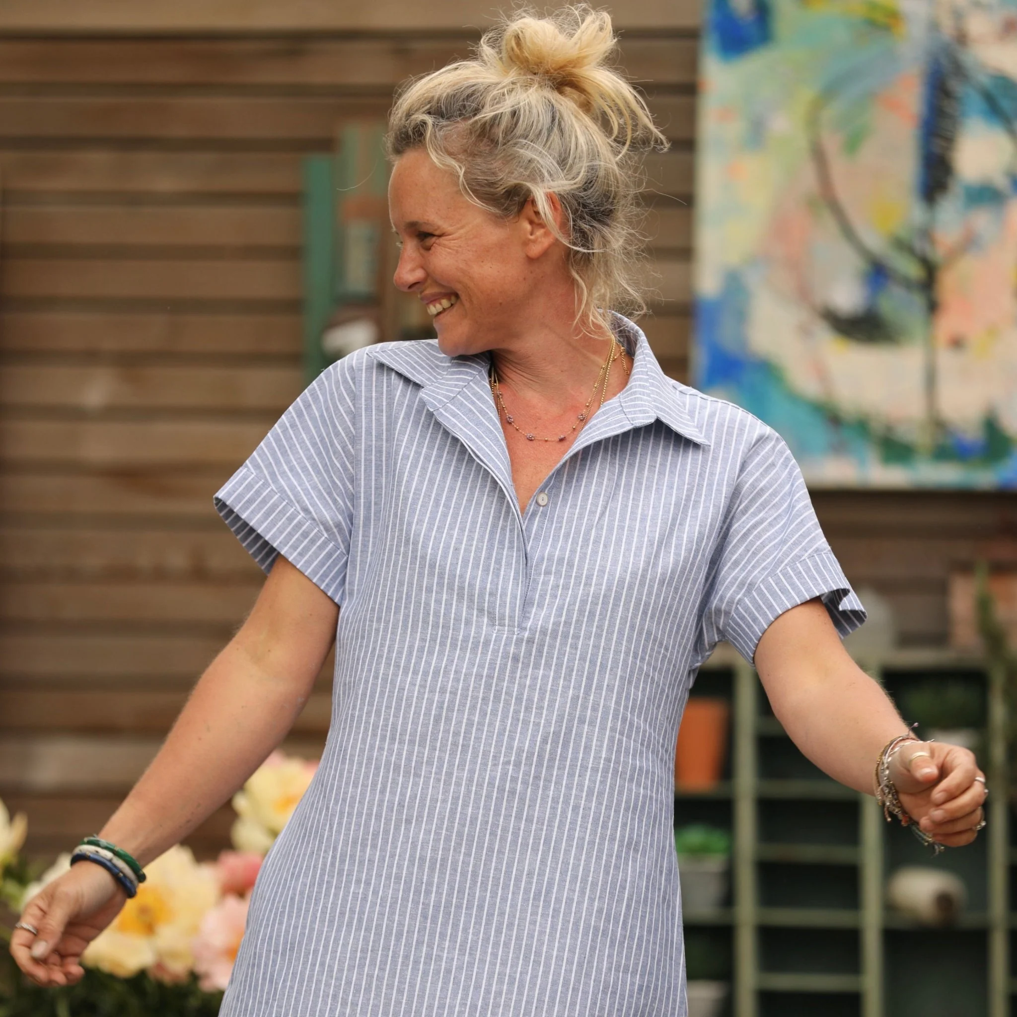 Robe Marlène - coton/lin rayé bleu - Image 3