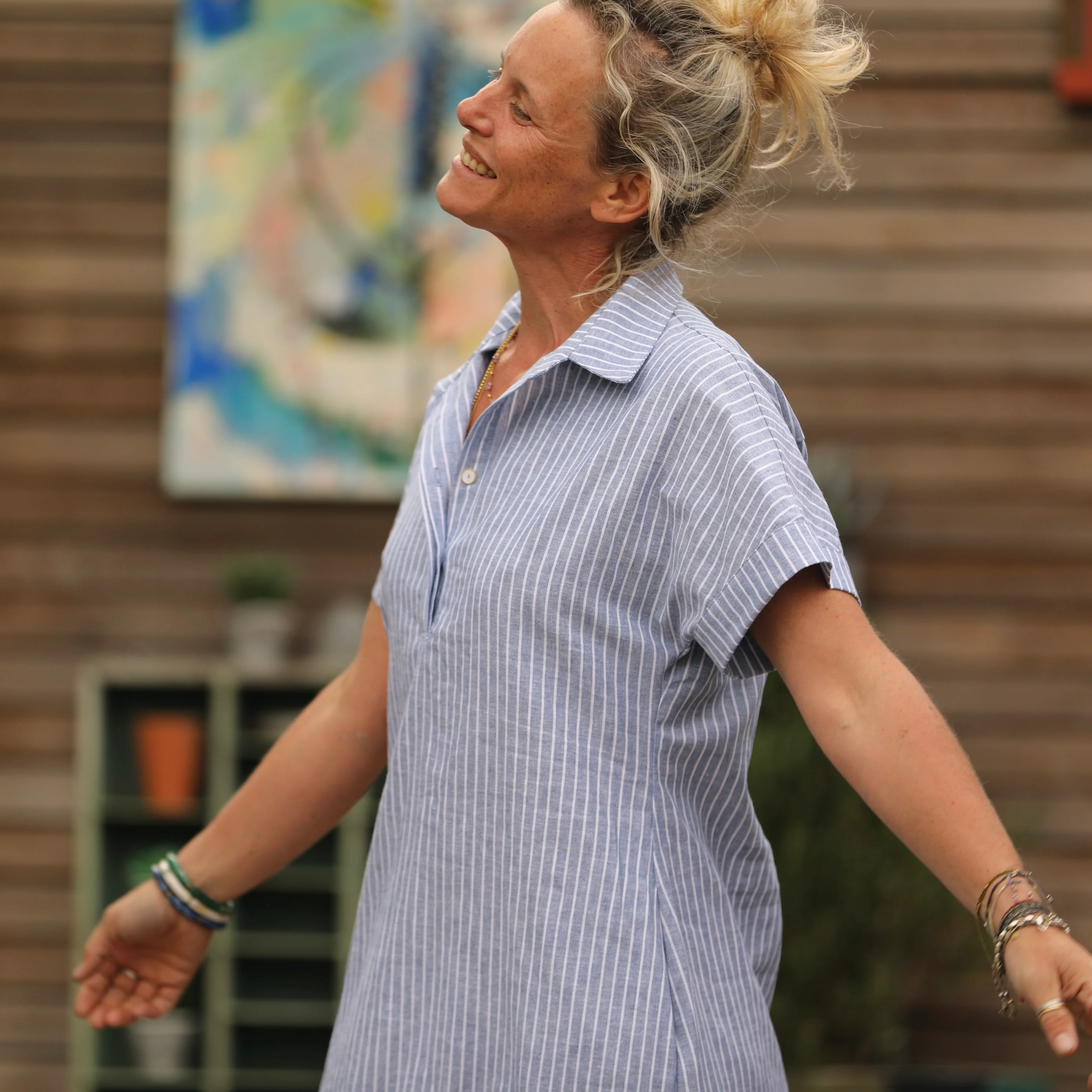 Robe Marlène - coton/lin rayé bleu - Image 4