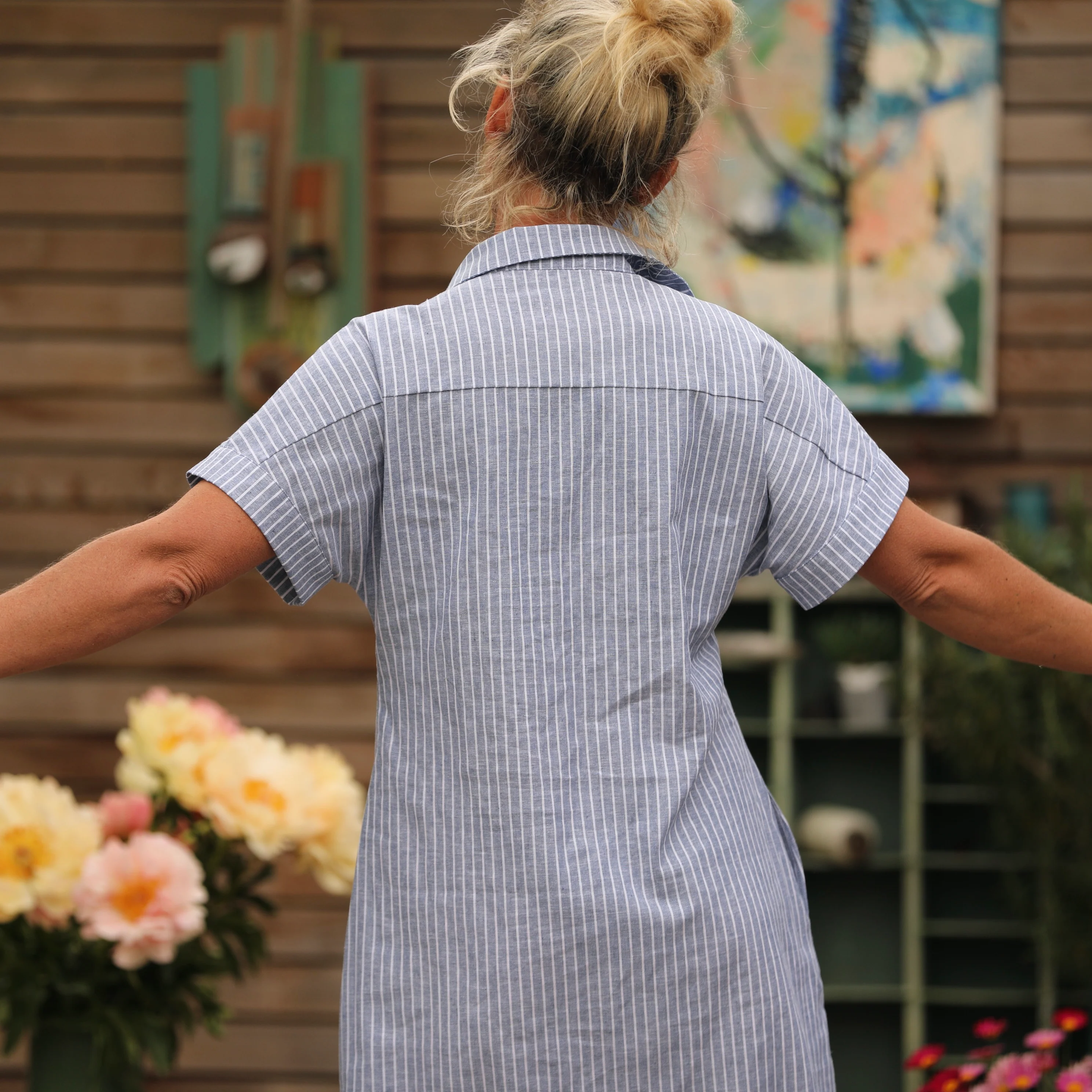 Robe Marlène - coton/lin rayé bleu - Image 6