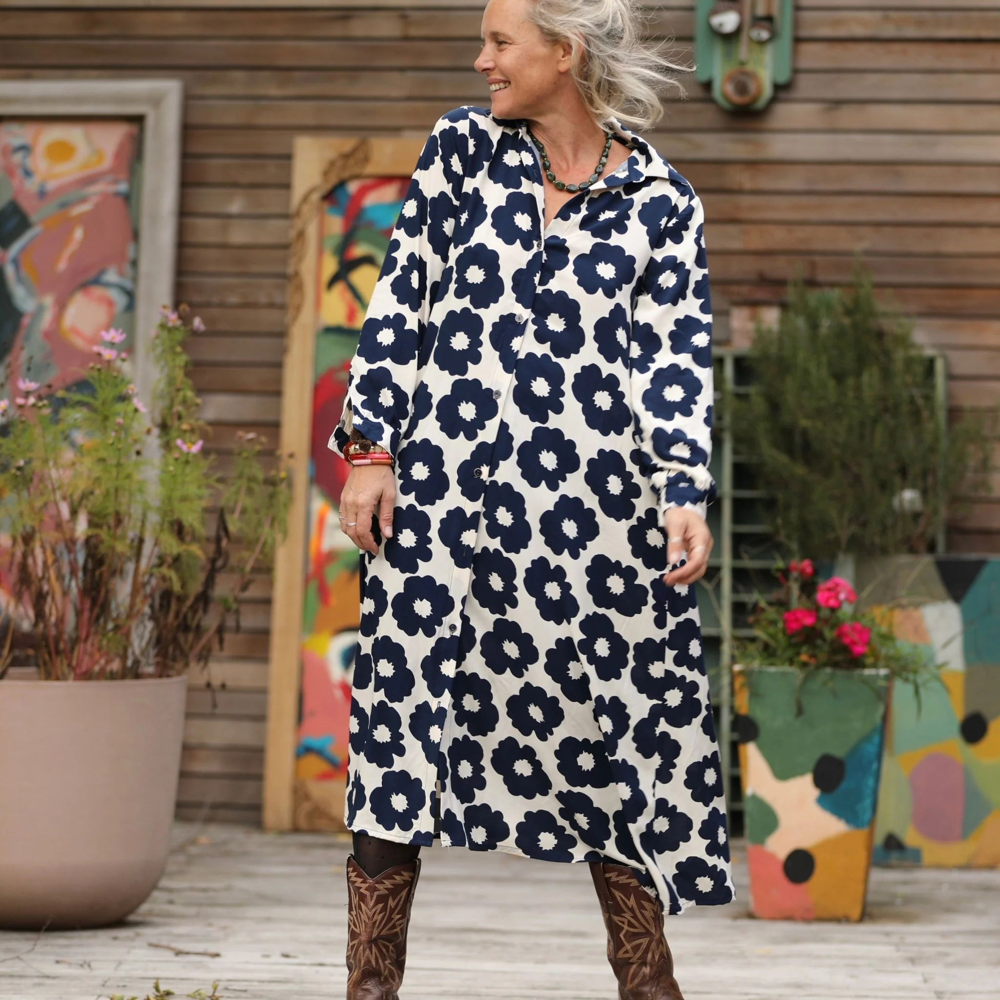 Robe Pensée - Viscose fleurs marine - Image 8