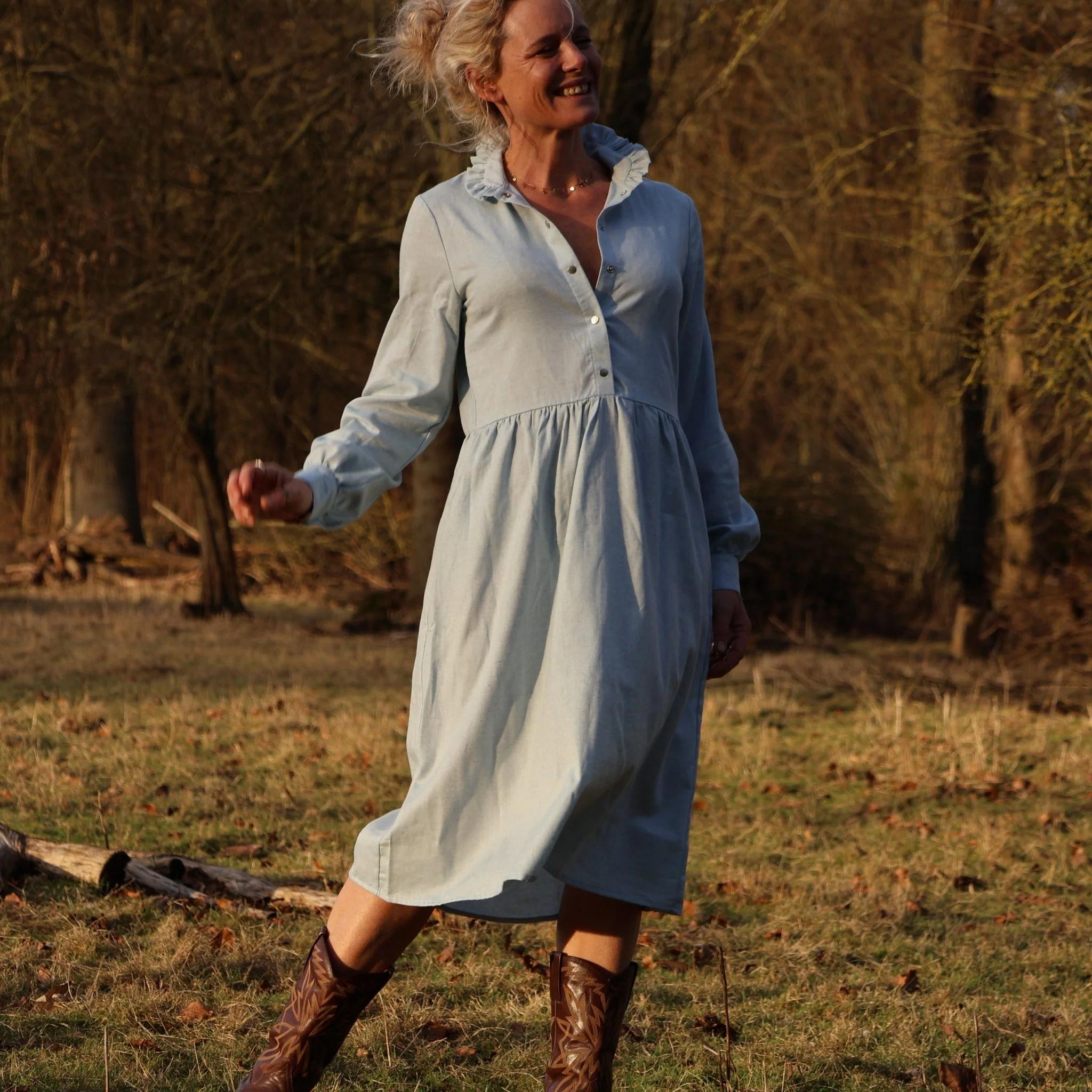 Robe Pomme - longueur midi - sergé de coton chiné ciel