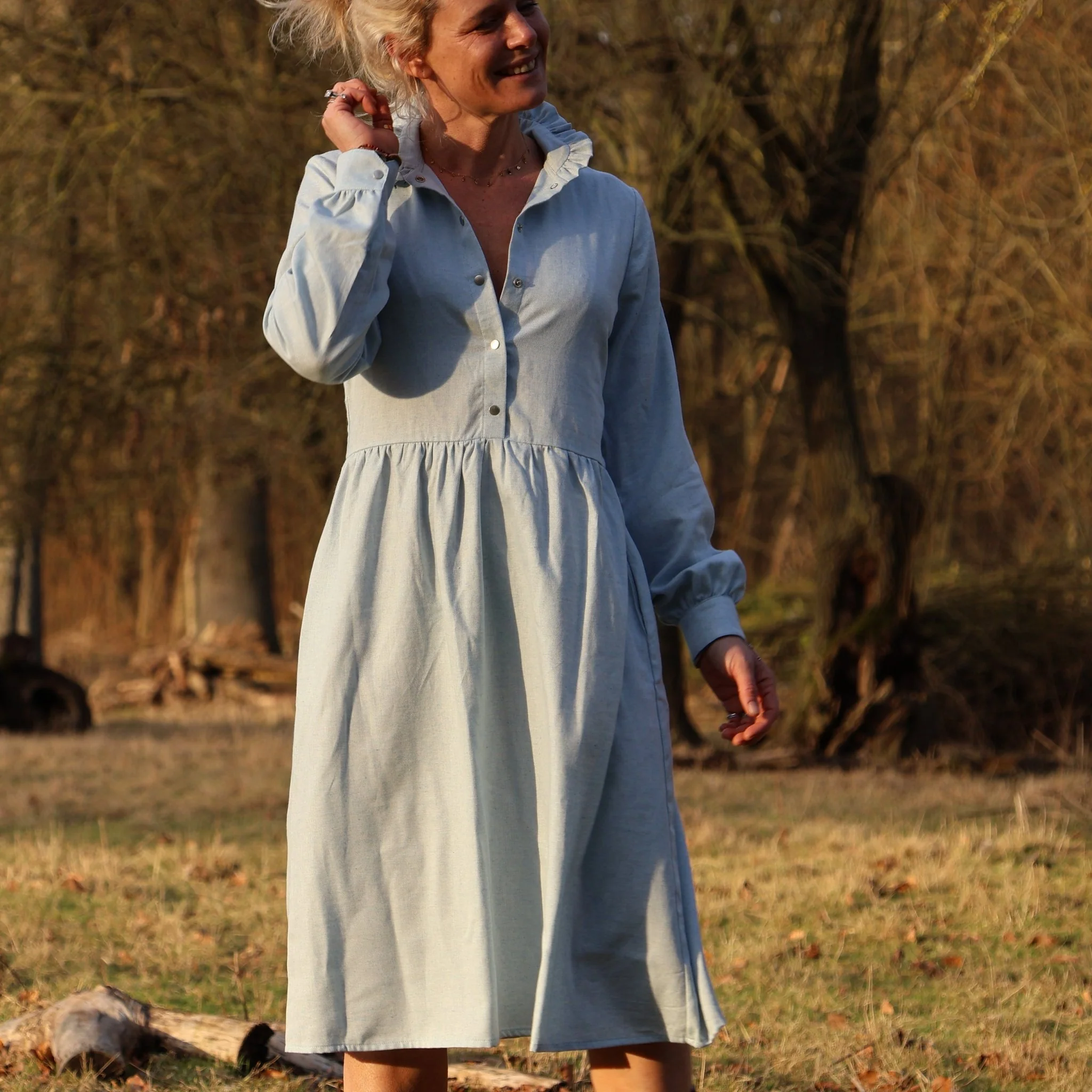 Robe Pomme - longueur midi - sergé de coton chiné ciel - Image 10