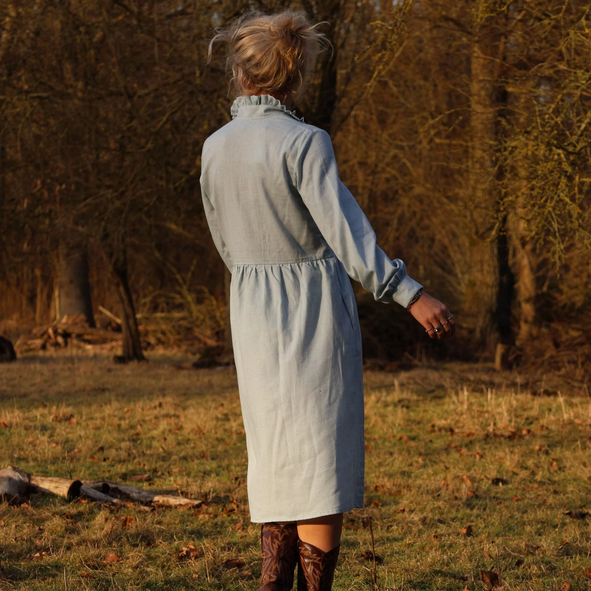 Robe Pomme - longueur midi - sergé de coton chiné ciel - Image 5