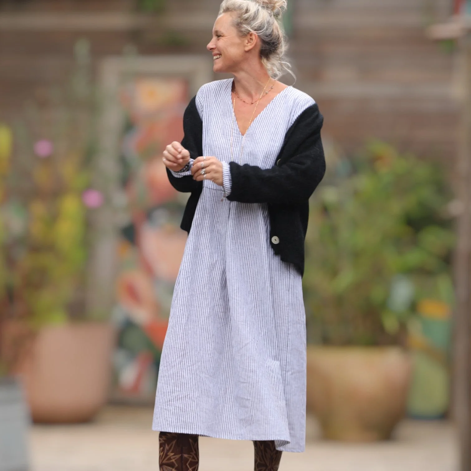Robe Romane - coton/lin rayé noir/blanc - Image 3