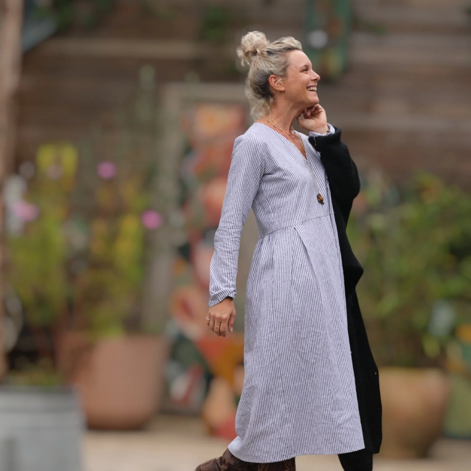 Robe Romane - coton/lin rayé noir/blanc - Image 4