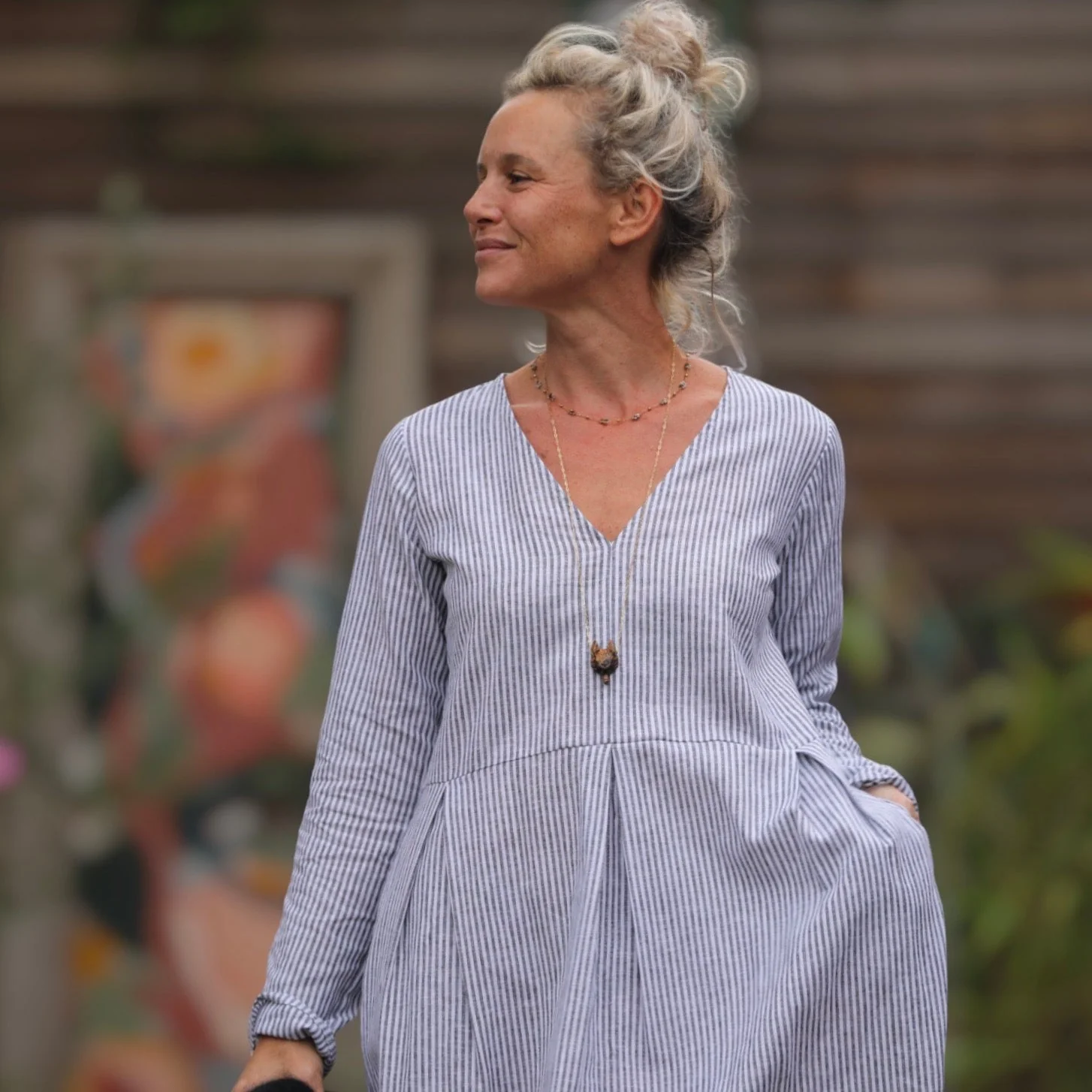 Robe Romane - coton/lin rayé noir/blanc - Image 5