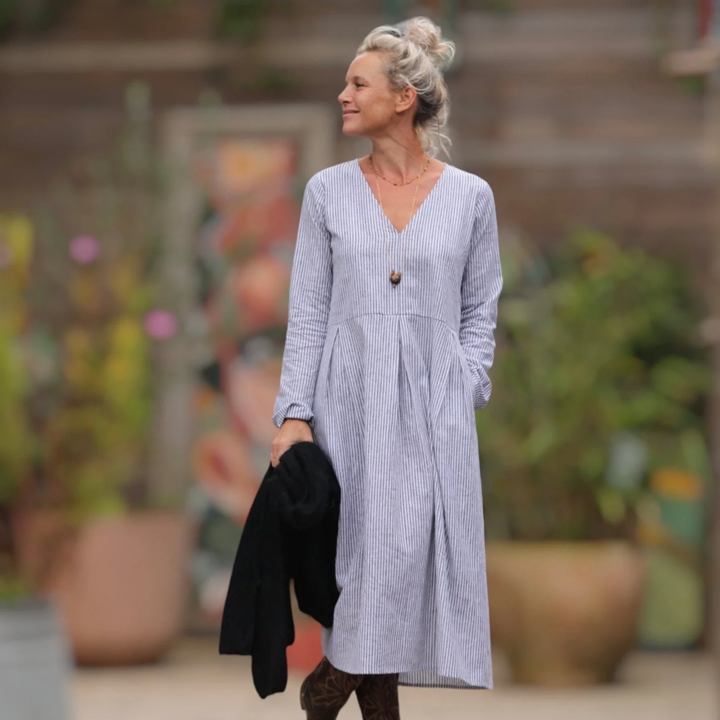 Robe Romane - coton/lin rayé noir/blanc - Image 7
