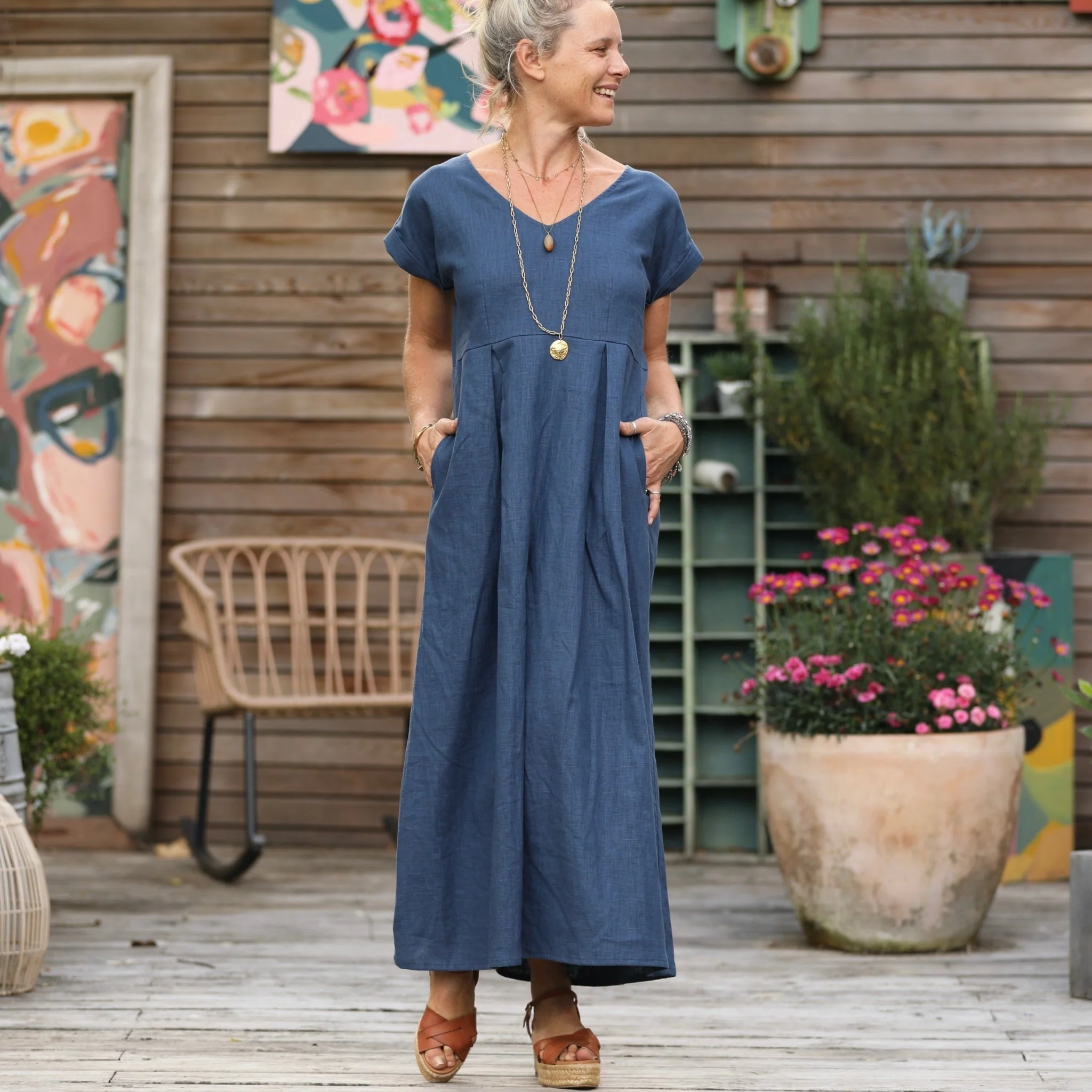Robe longue Siloé – 100 % lin bleu indigo | Confection française – Quintessence