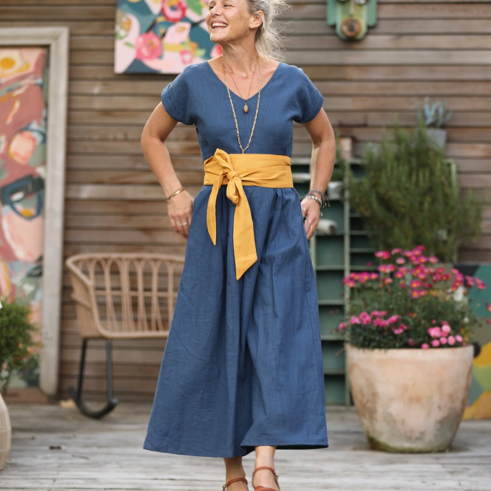 Robe longue Siloé – 100 % lin bleu indigo | Confection française – Quintessence - Image 3
