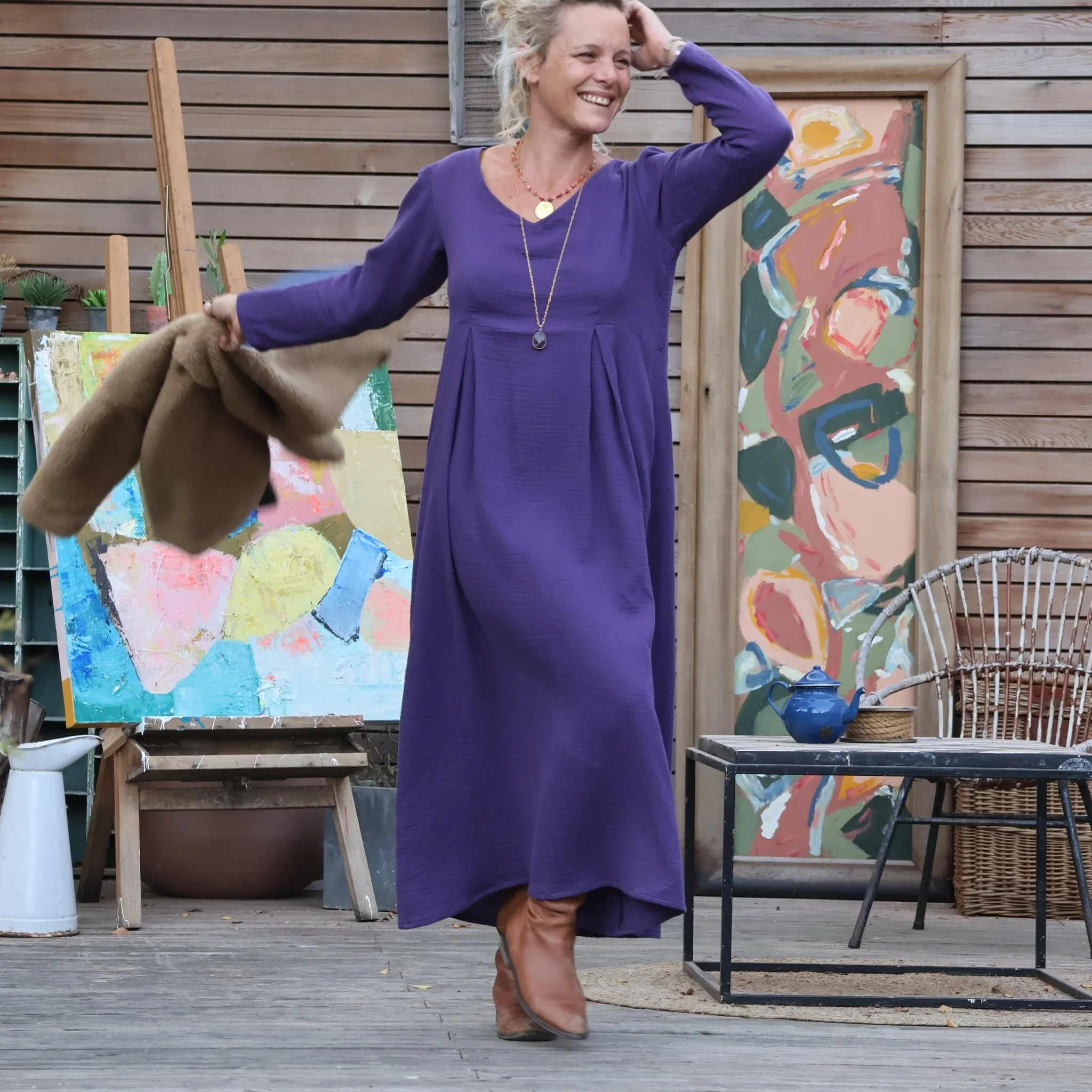 Robe Siloé manches longues - gaze de coton prune