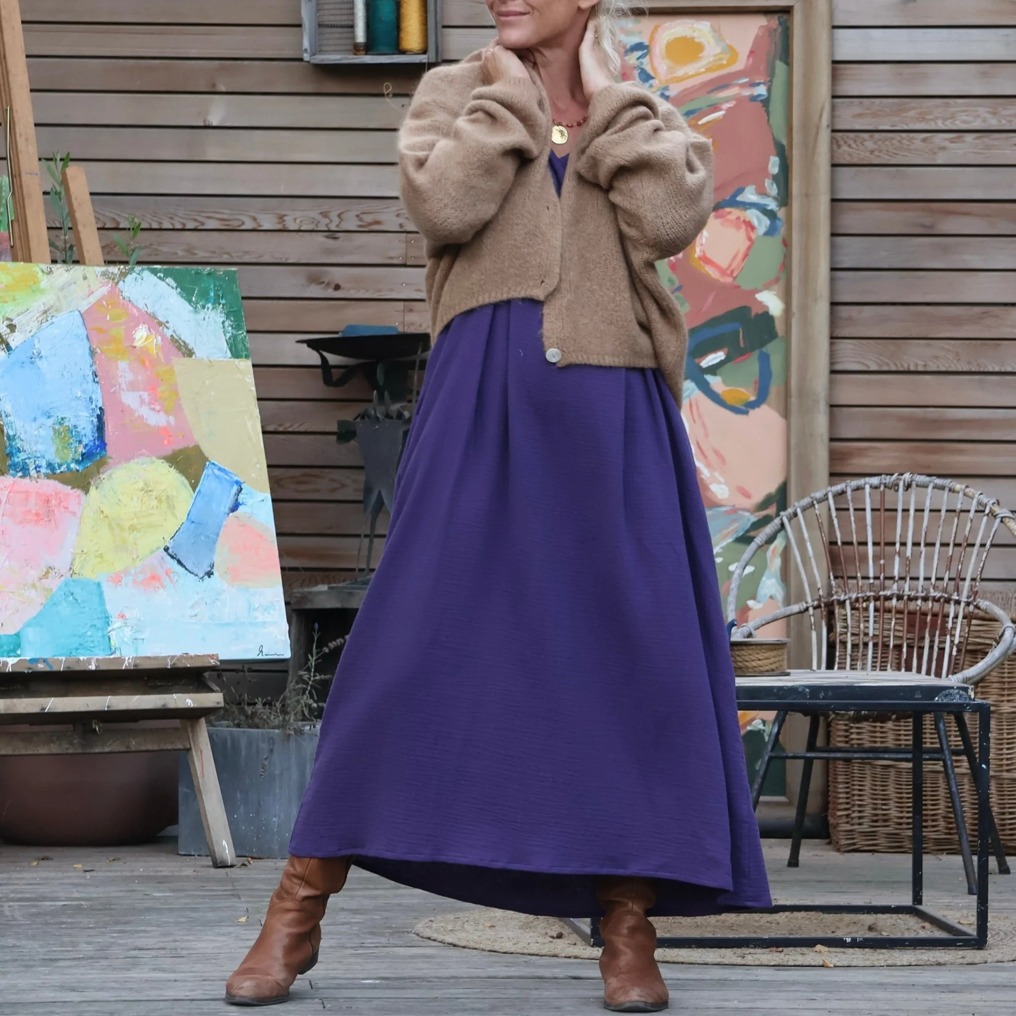 Robe Siloé manches longues - gaze de coton prune - Image 6
