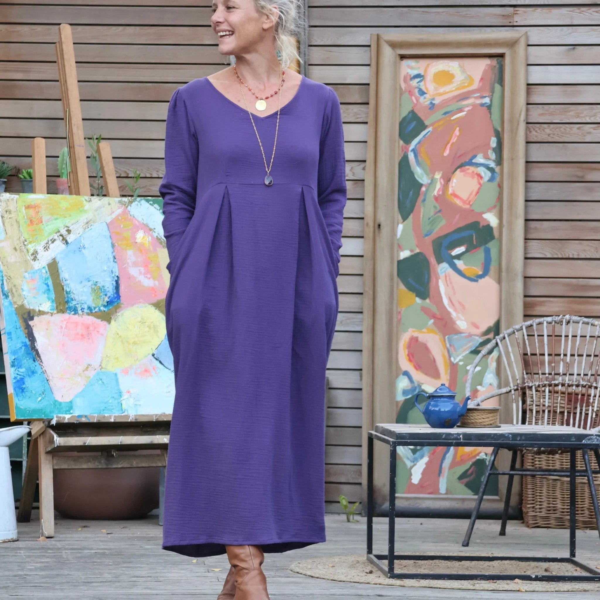 Robe Siloé manches longues - gaze de coton prune - Image 7