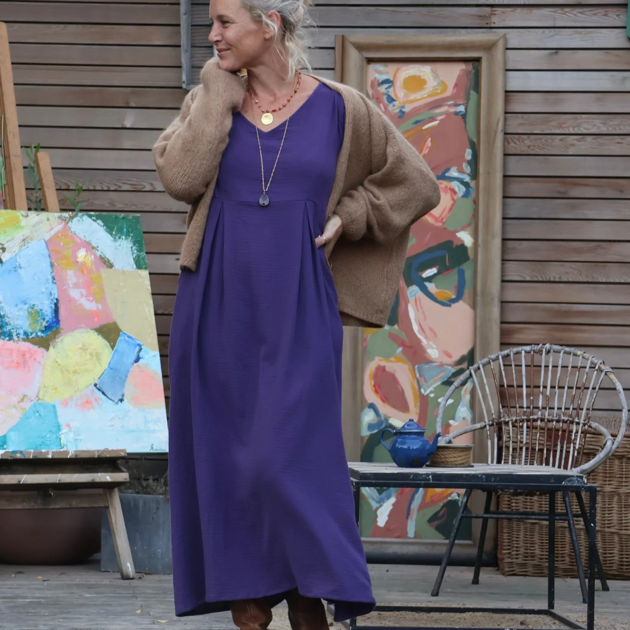 Robe Siloé manches longues - gaze de coton prune - Image 8
