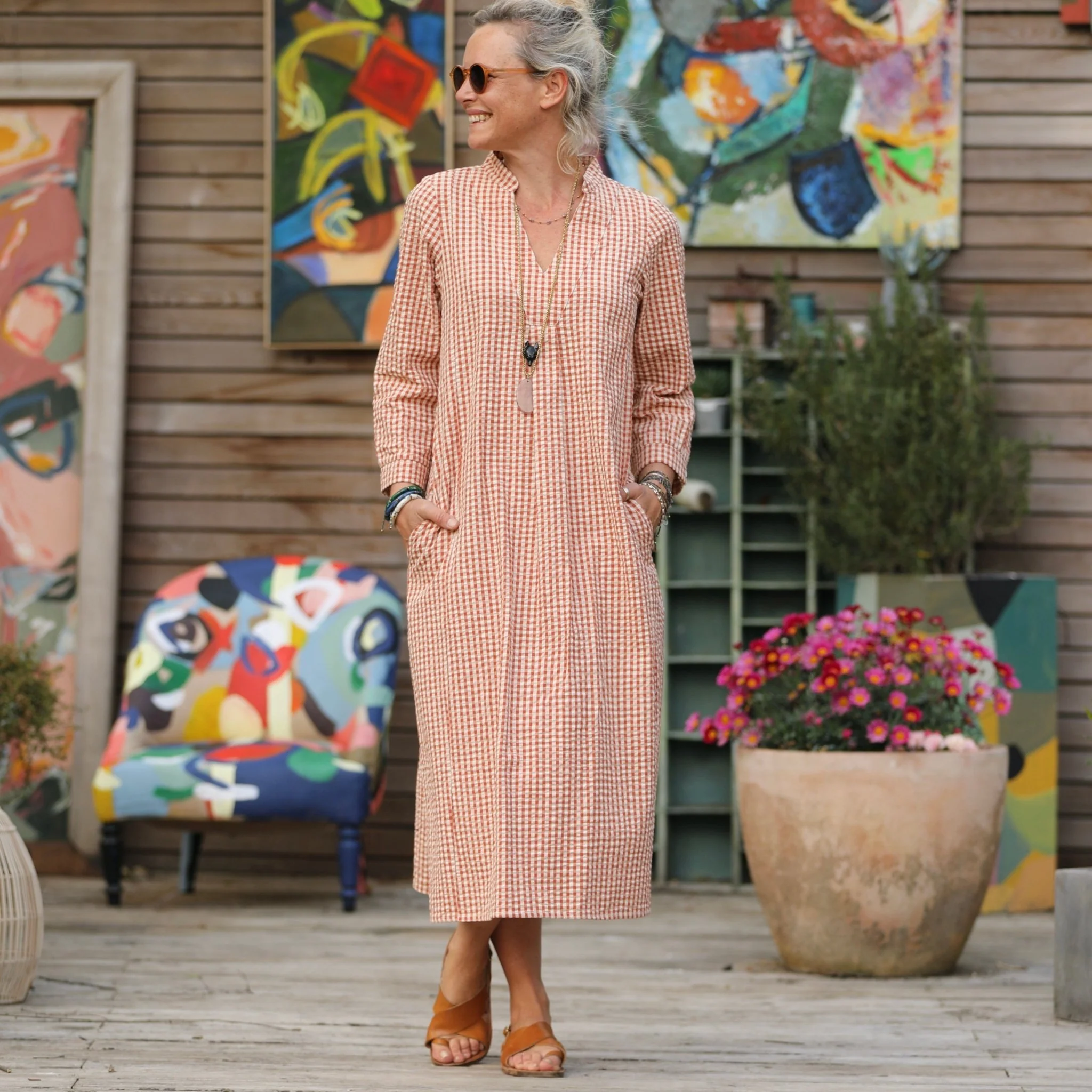 Robe Soizic - coton seersucker vichy terracotta/ivoire - Image 4