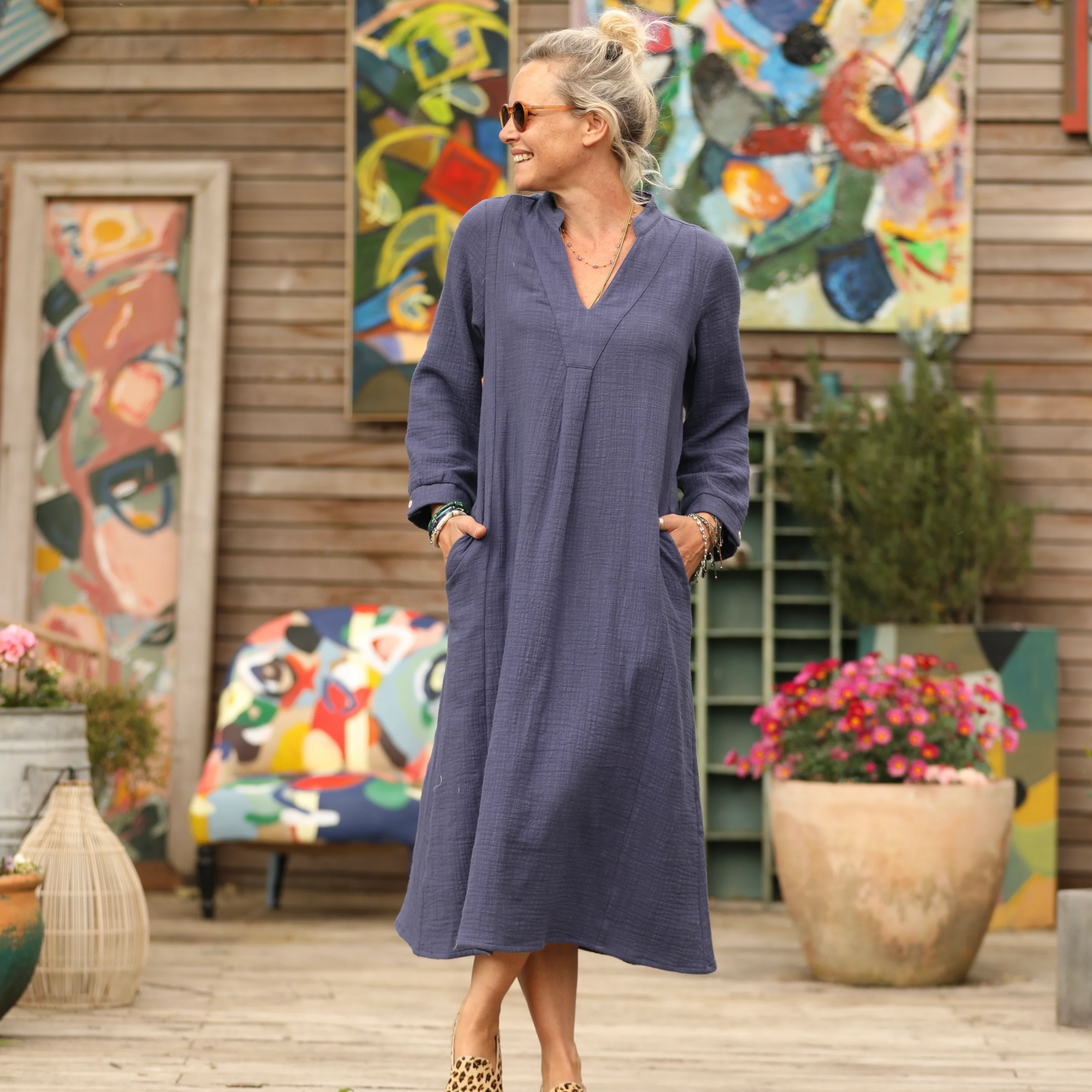 Robe Soizic - double gaze de coton flammée bleu lavande