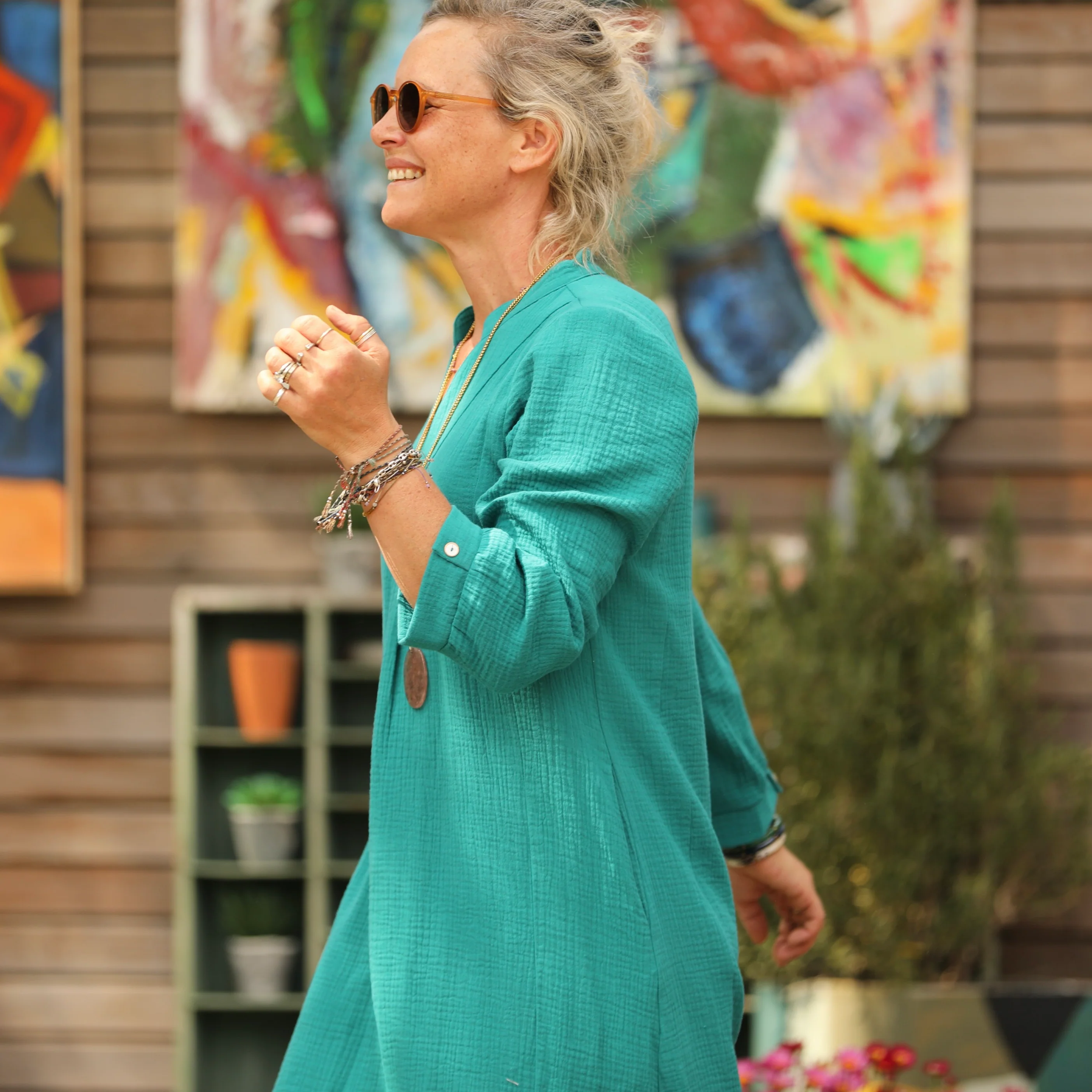 Robe Soizic - double gaze de coton turquoise - Image 5
