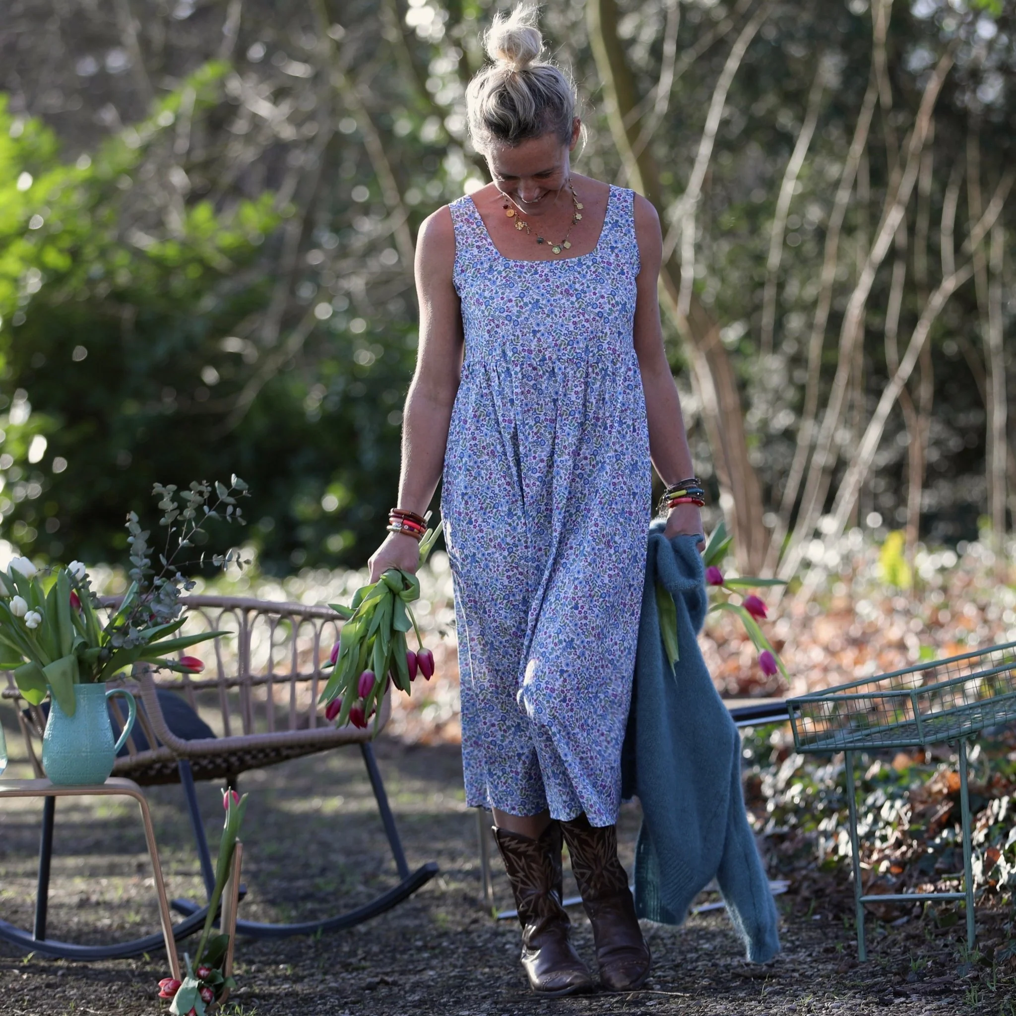 Robe Solène - coton"Printemps bleu"