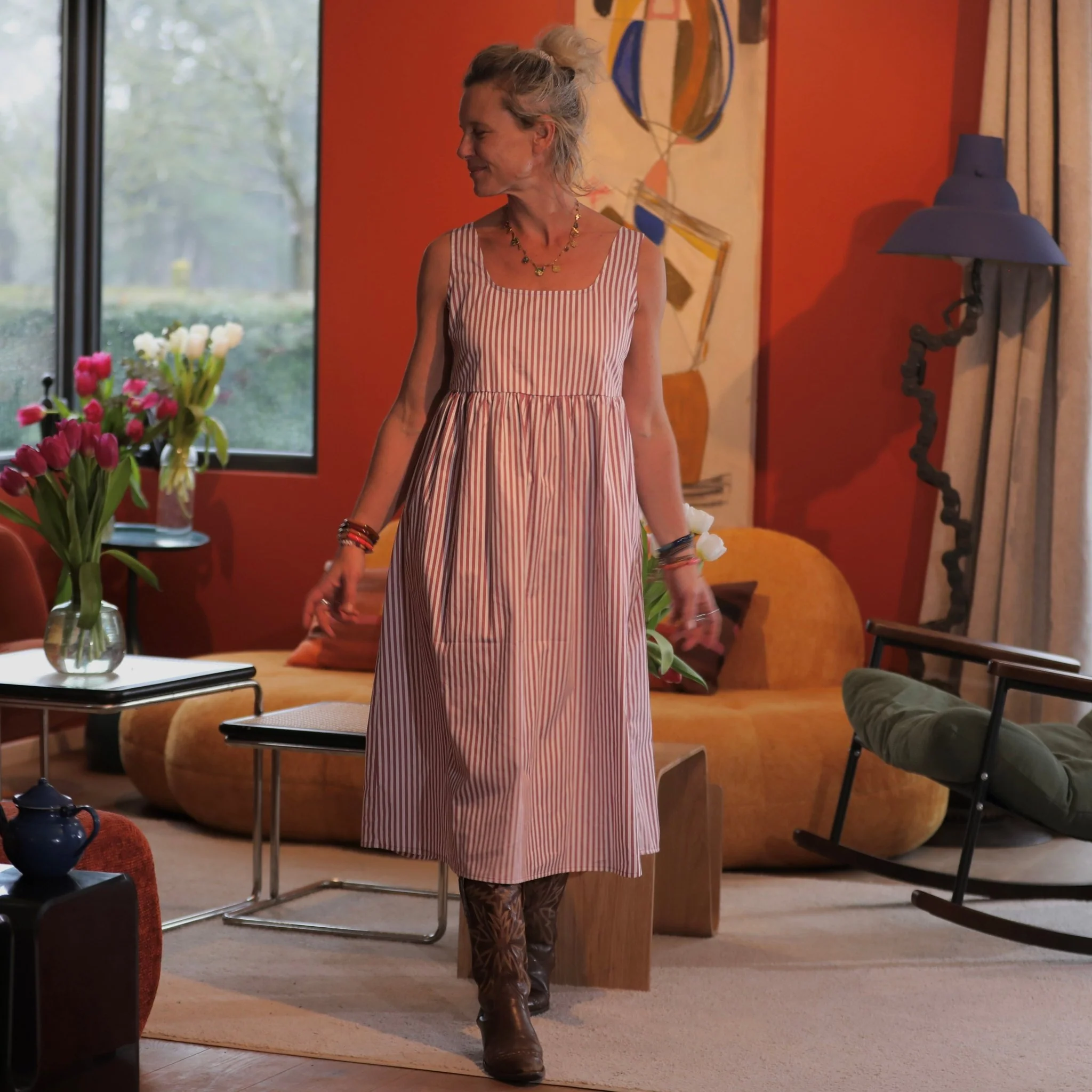 Robe Solène - coton rayé framboise - Image 6
