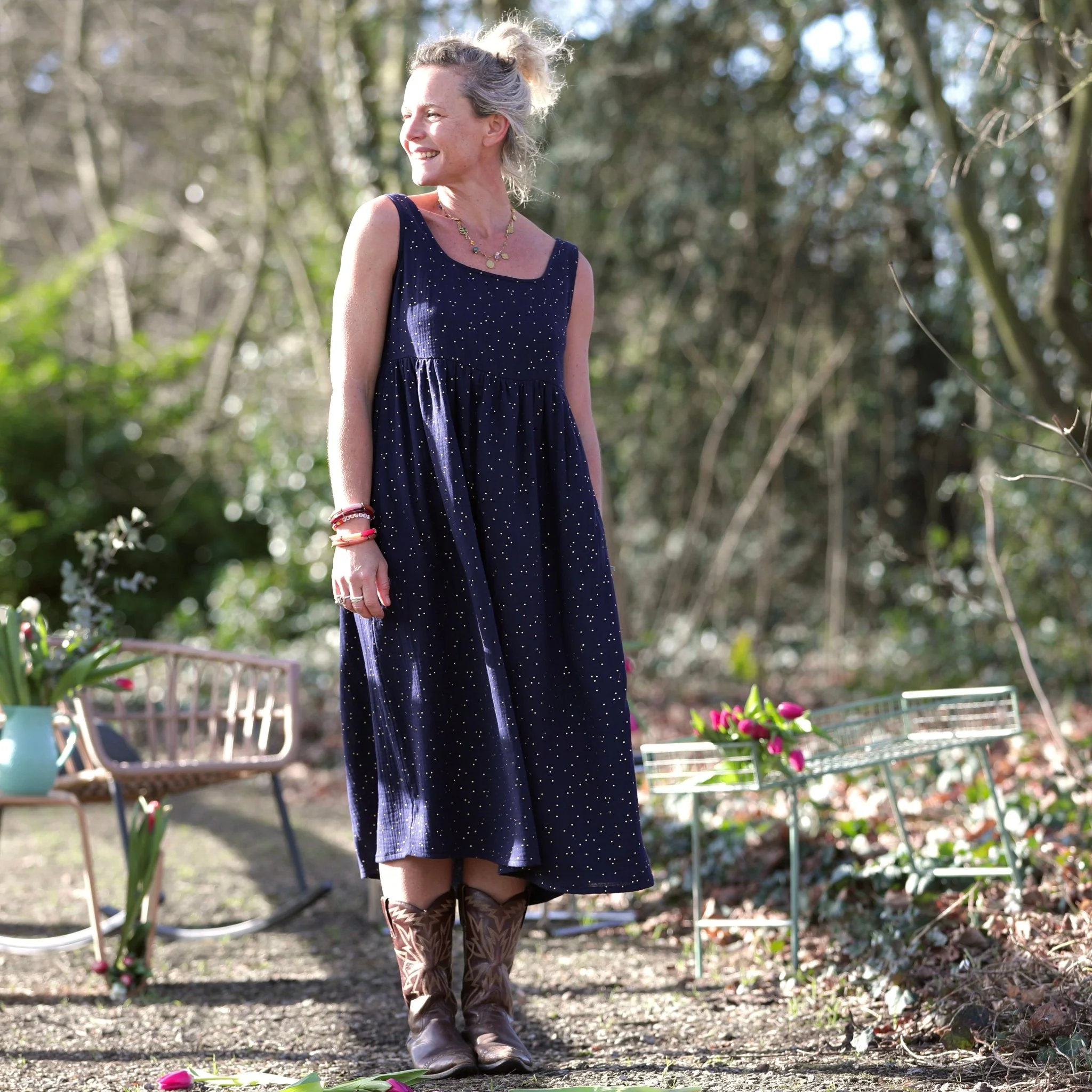 Robe Solène - double gaze de coton bleu nuit plumetis dorés