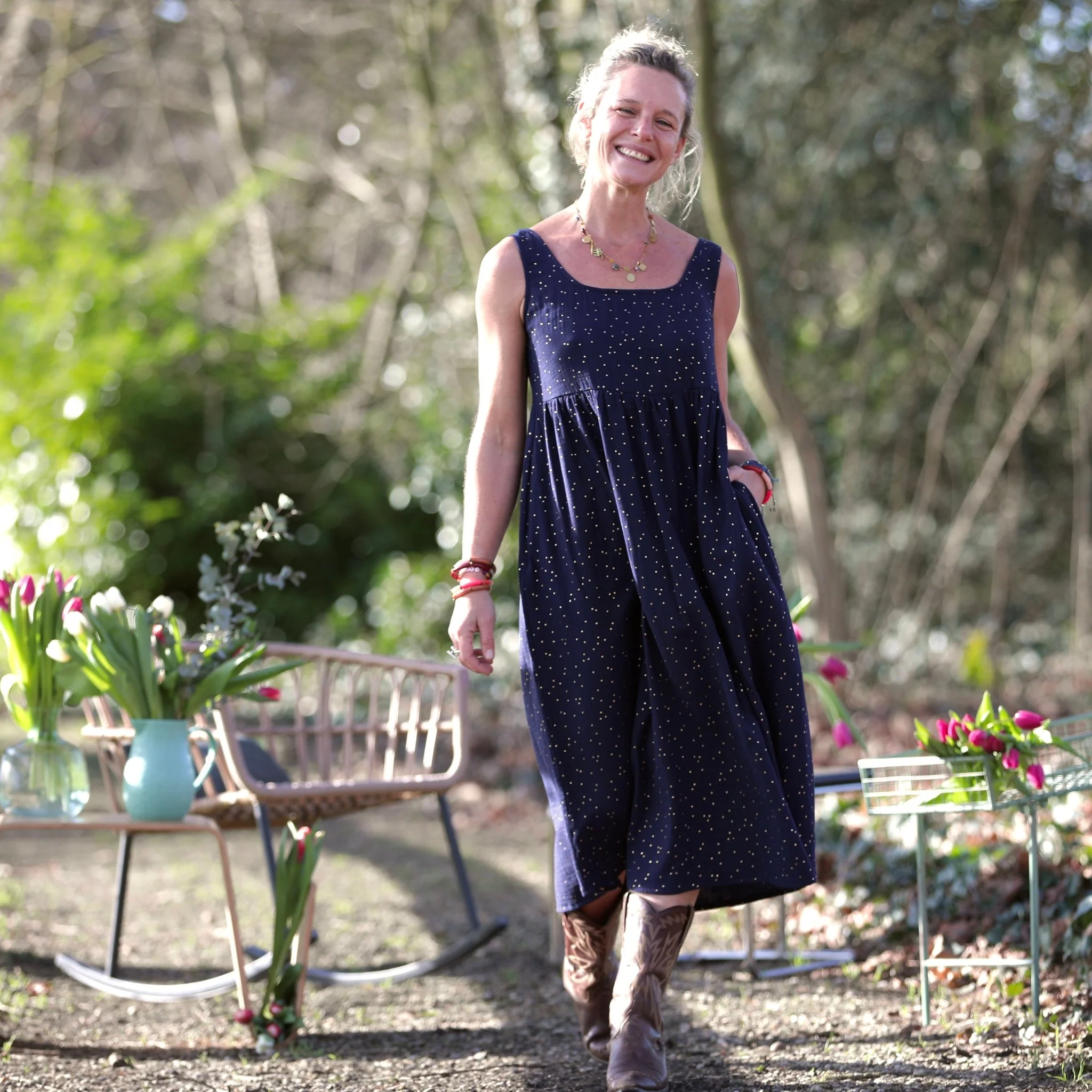 Robe Solène - double gaze de coton bleu nuit plumetis dorés - Image 4