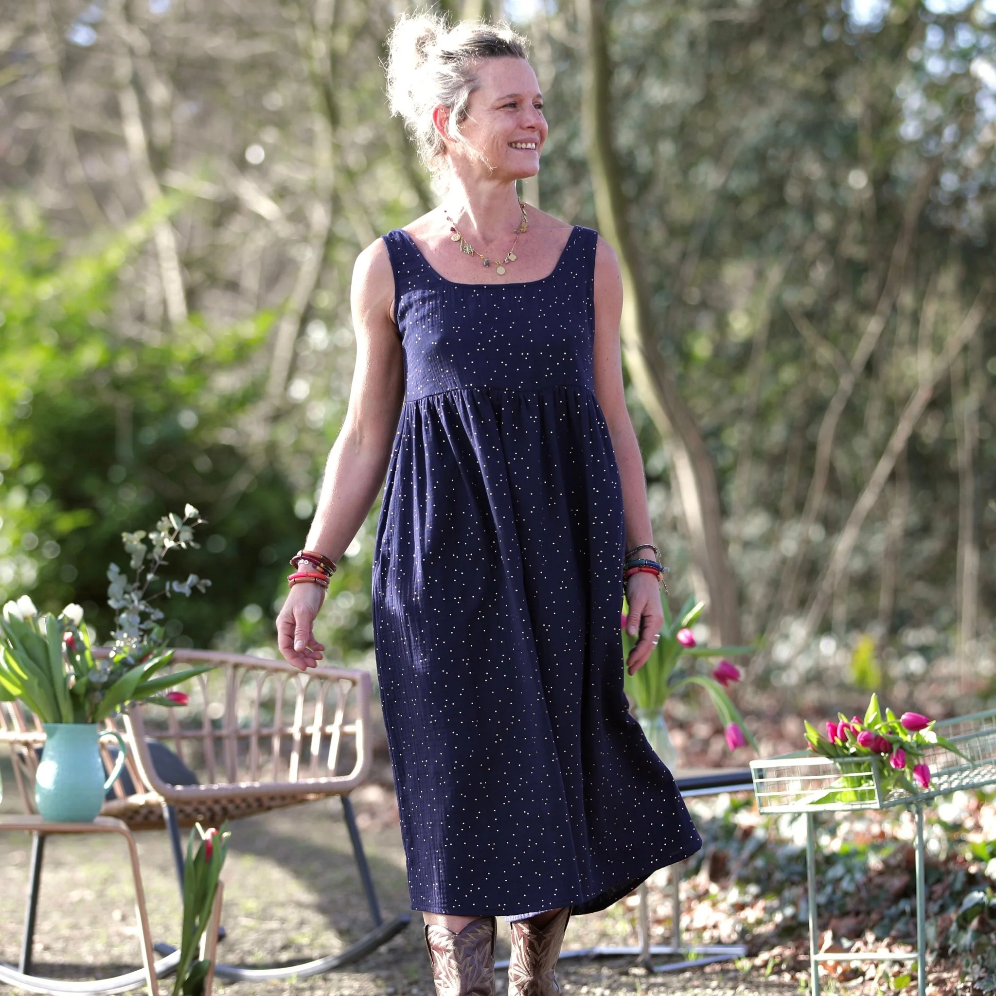 Robe Solène - double gaze de coton bleu nuit plumetis dorés - Image 5