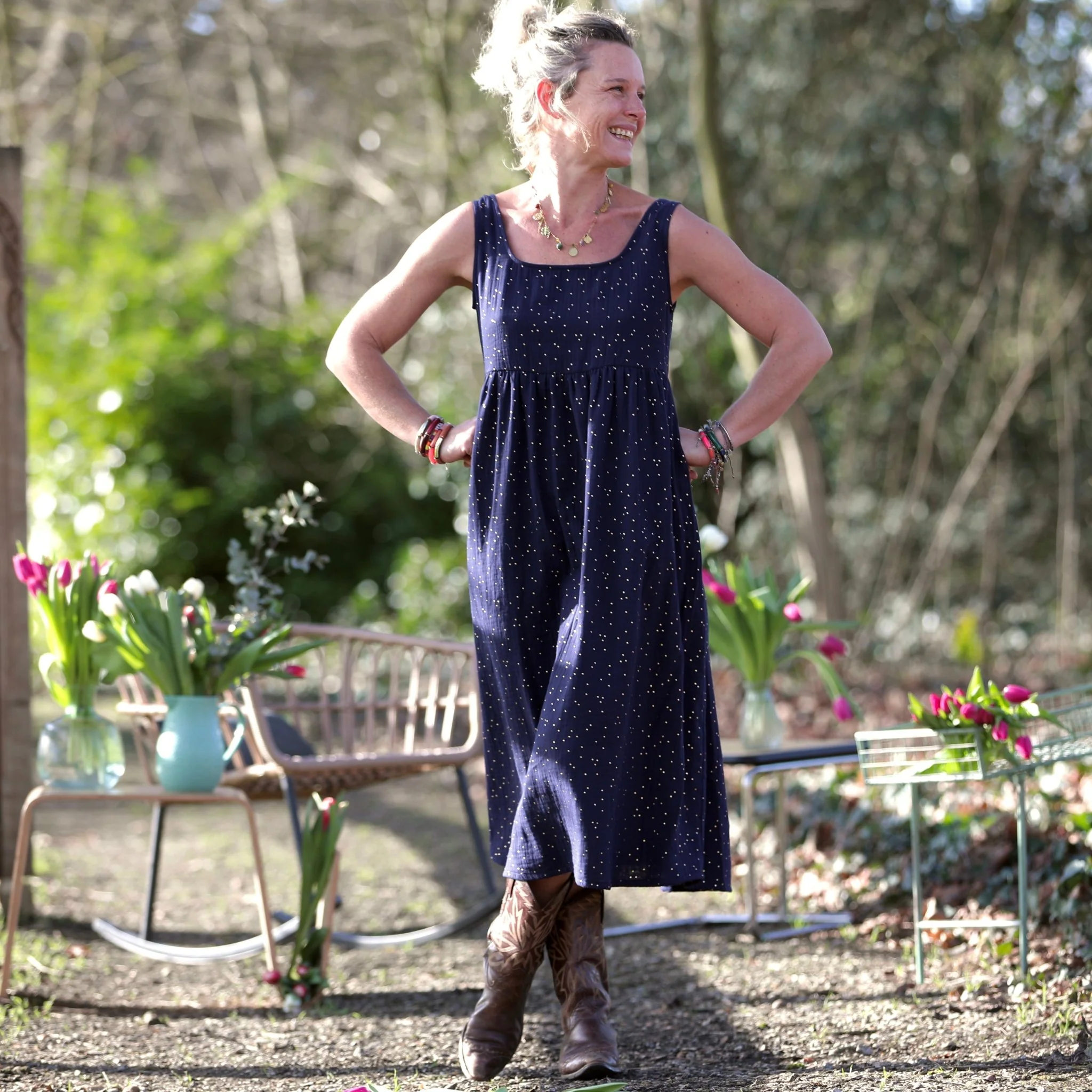 Robe Solène - double gaze de coton bleu nuit plumetis dorés - Image 6