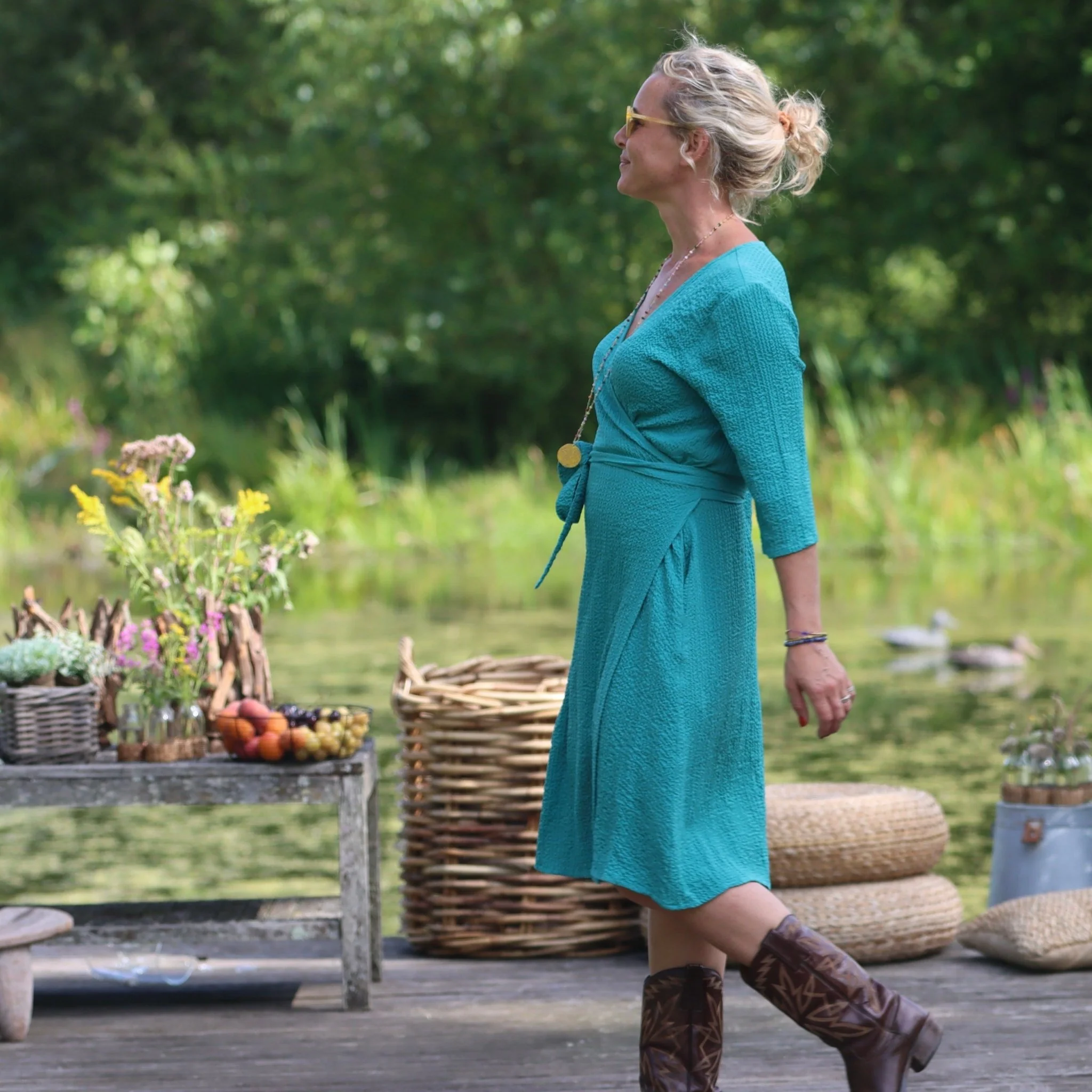 Robe Swan -  Viscose gaufrée turquoise