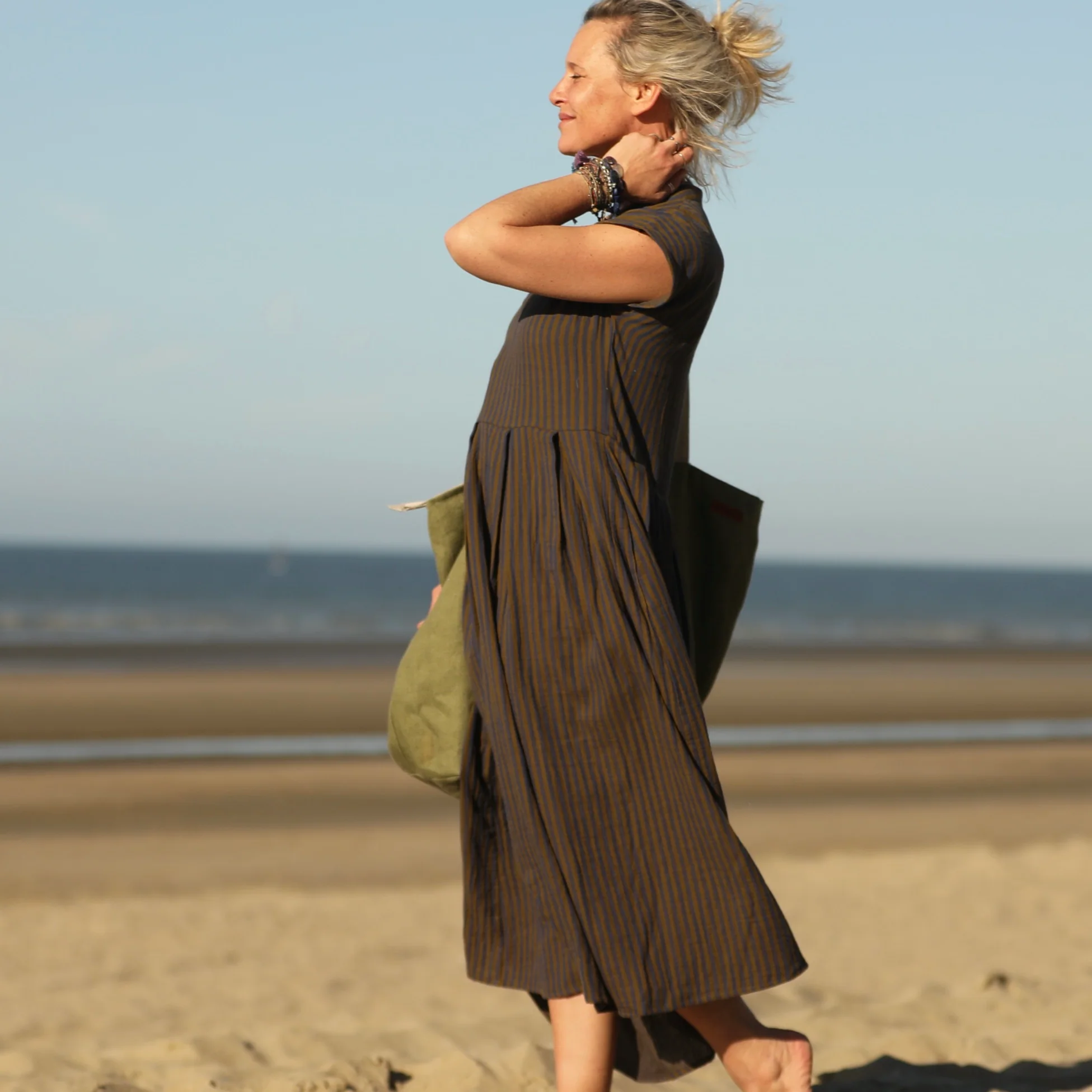 Robe Sylvette - double gaze de coton rayée kaki/marine - Image 7