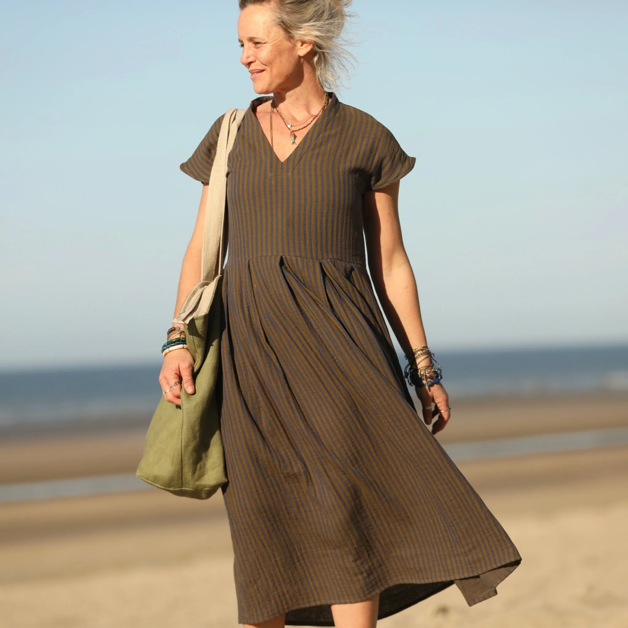 Robe Sylvette - double gaze de coton rayée kaki/marine - Image 8