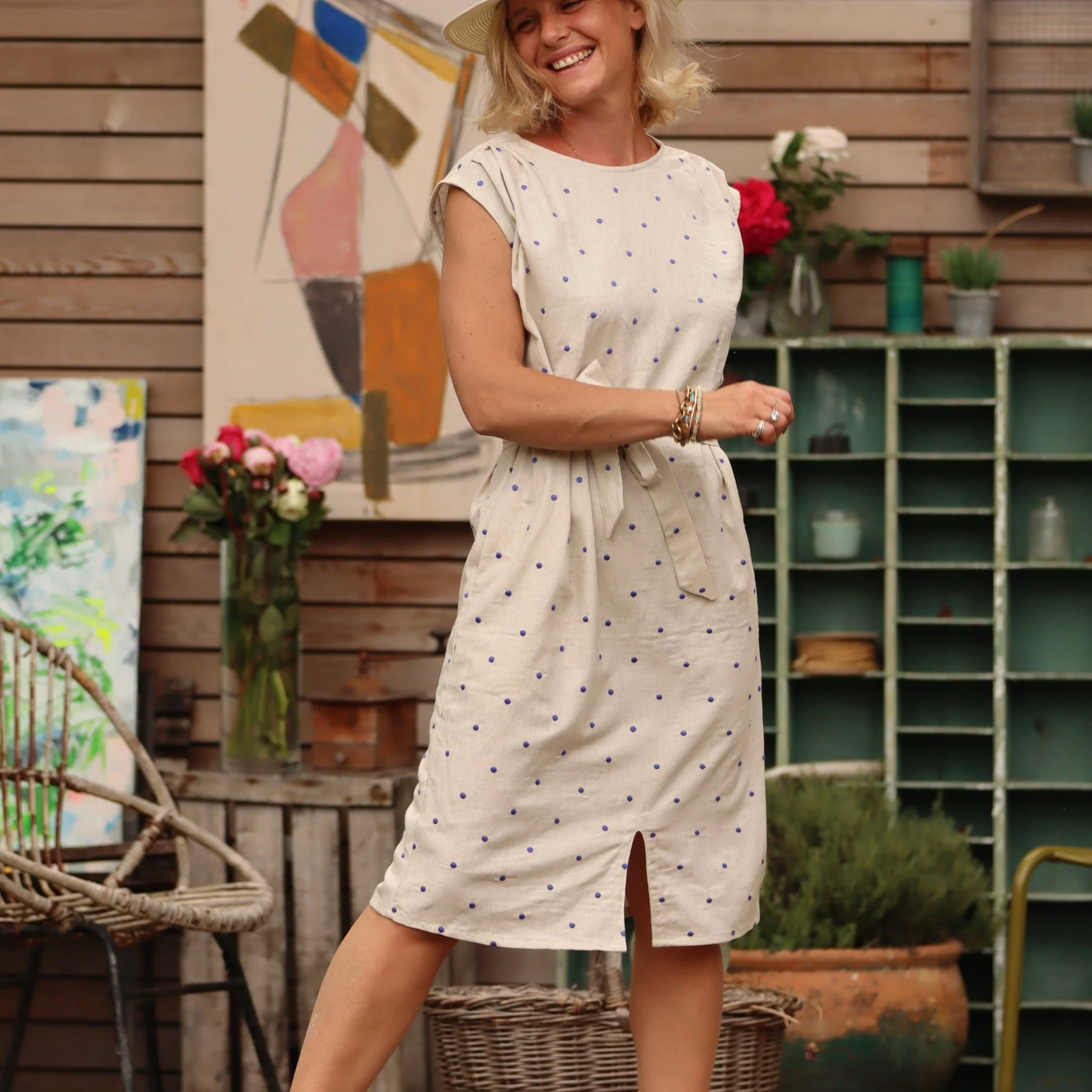 Robe Tia - Lin-viscose naturel à pois lavande - Image 5