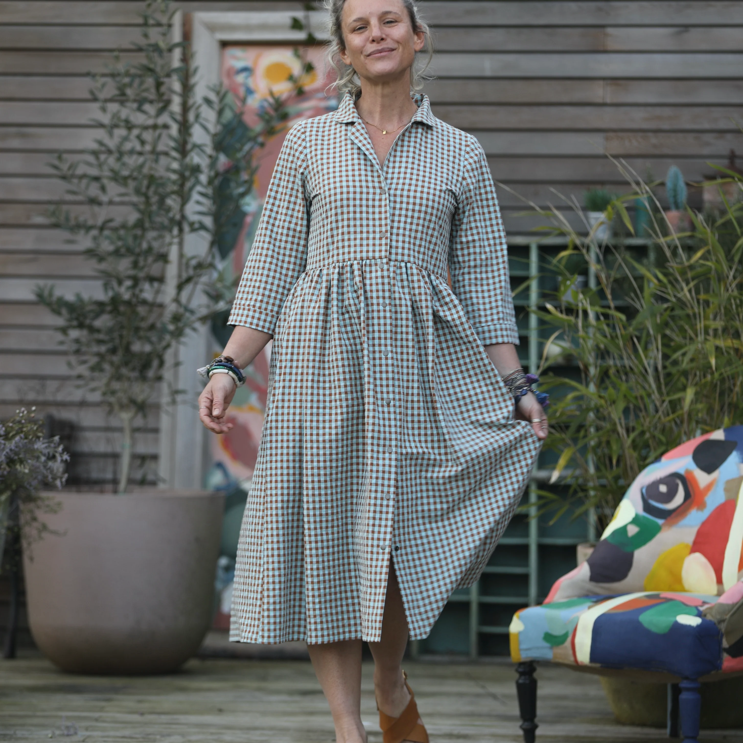 Robe Julia manches 3/4 seersucker vichy camel/ciel