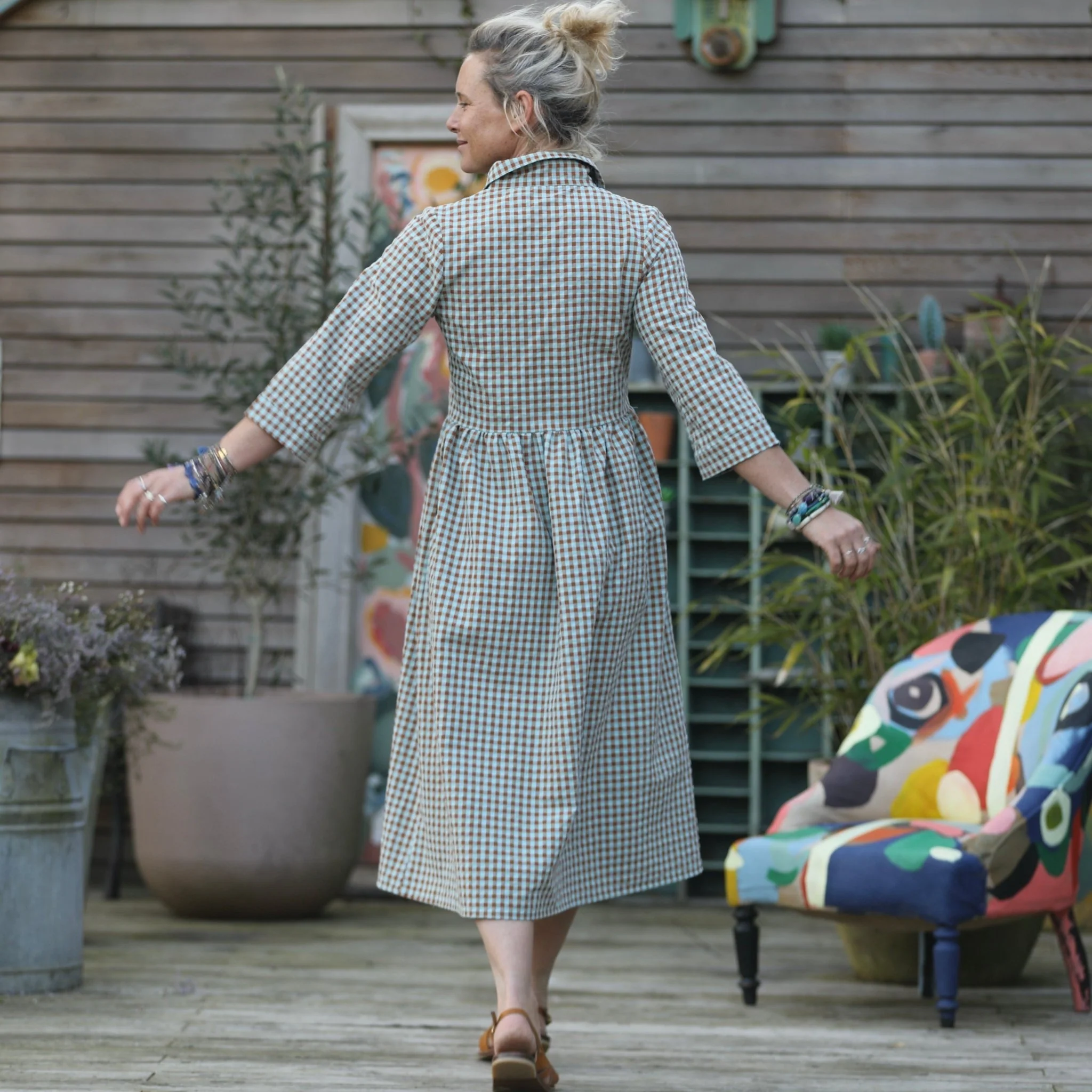Robe Julia manches 3/4 seersucker vichy camel/ciel - Image 8