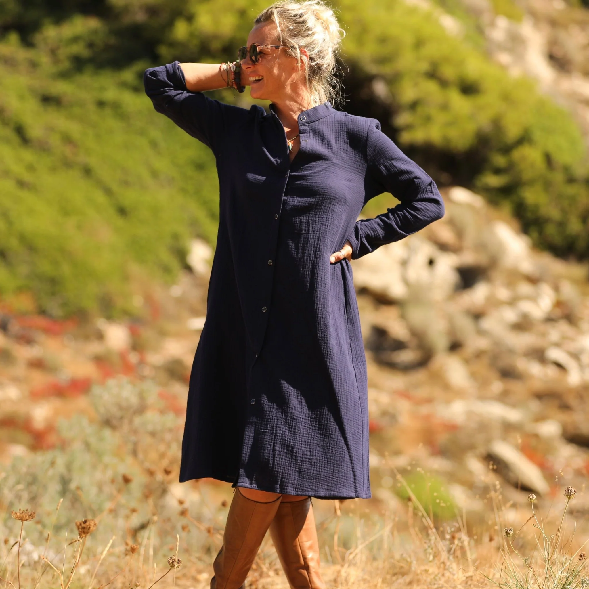 Robe Yuna -  Double gaze de coton bleu nuit
