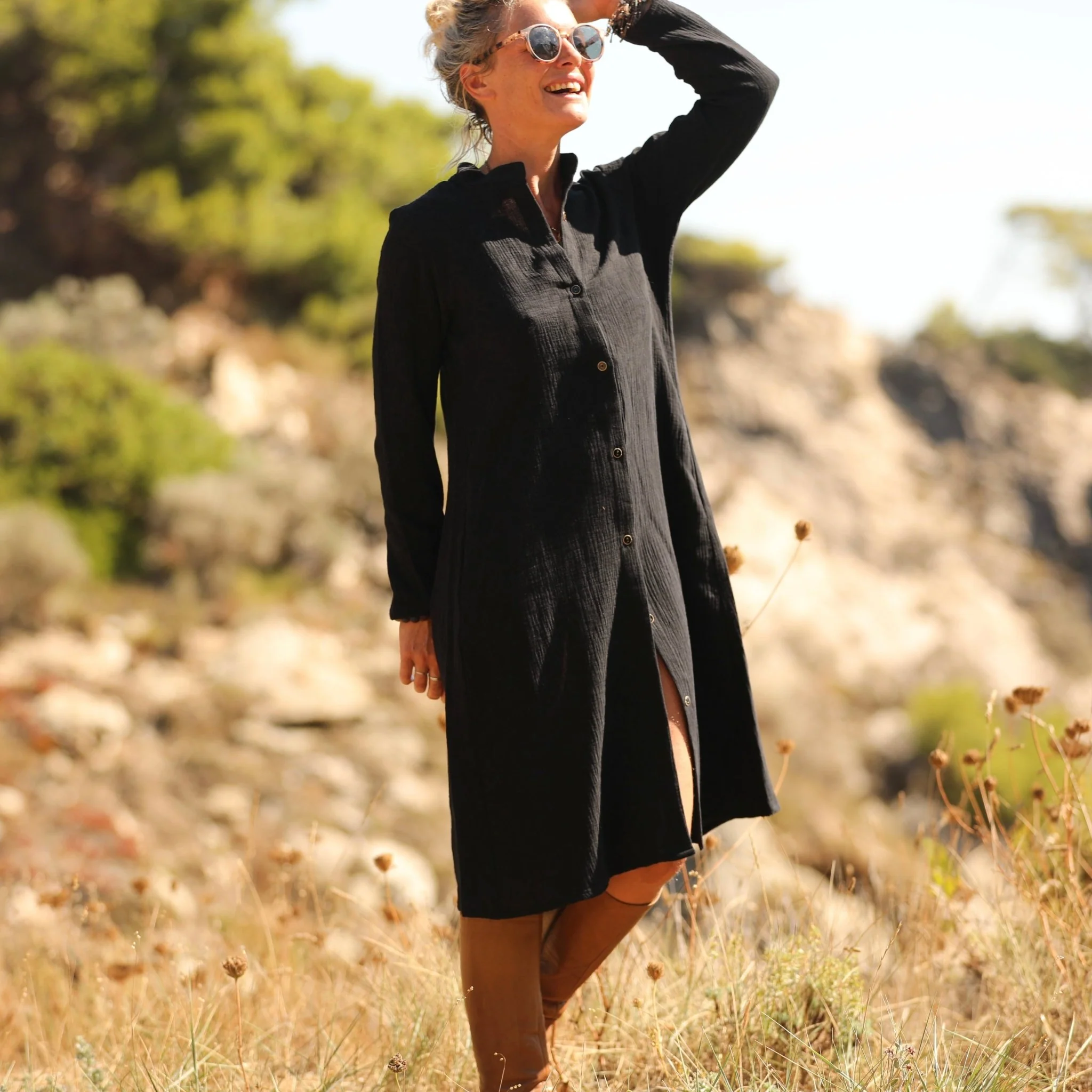 Robe Yuna - Double gaze de coton/lin jacquard fleuri noir