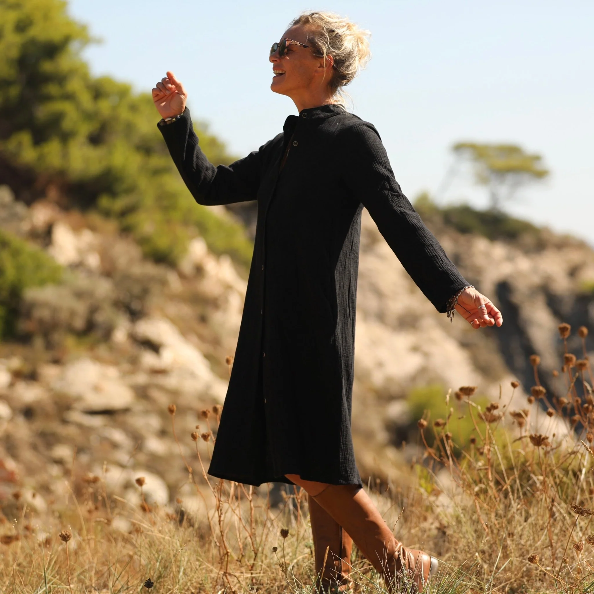 Robe Yuna - Double gaze de coton/lin jacquard fleuri noir - Image 8