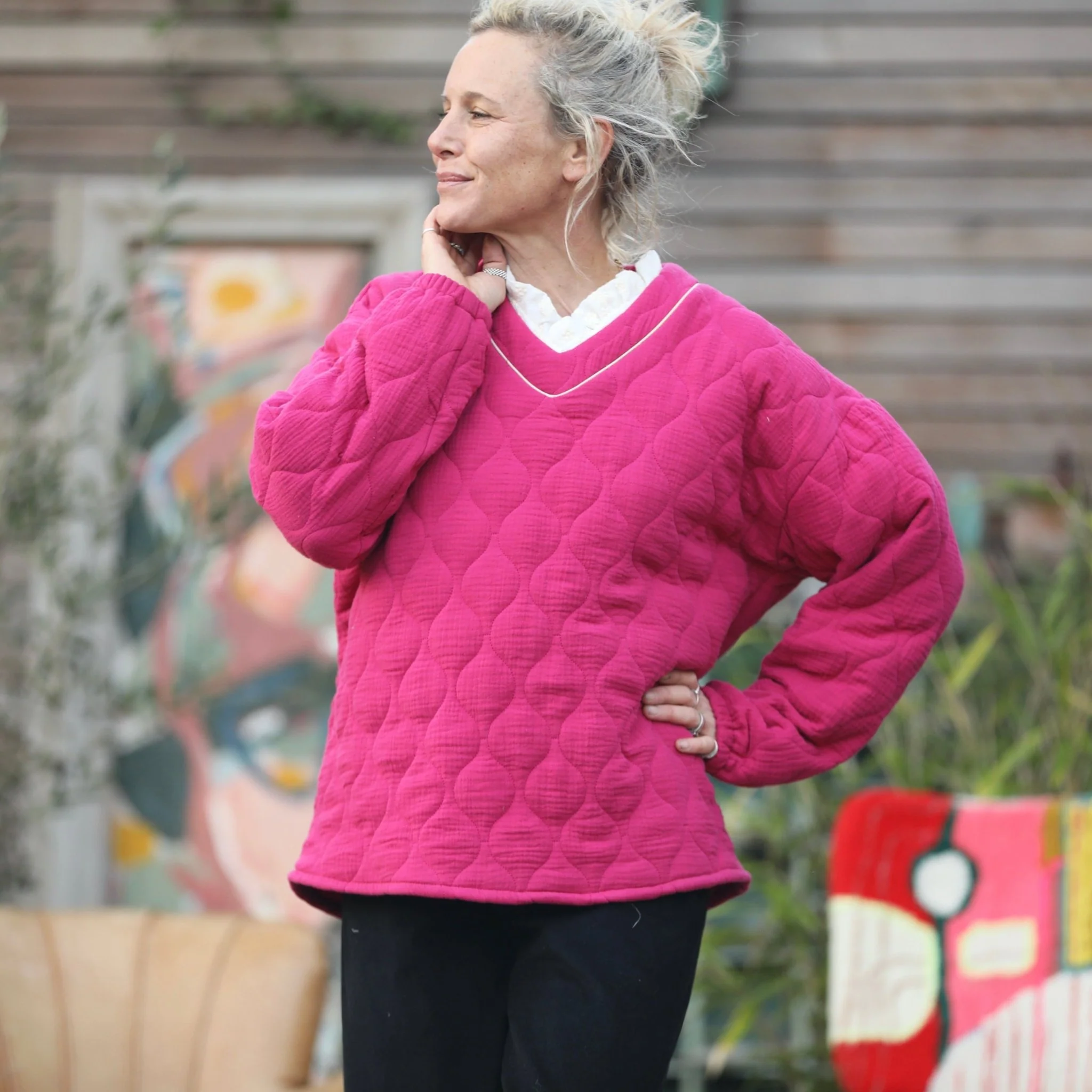 Sweat Gustave-  matelassé en double gaze de coton fushia - Image 7