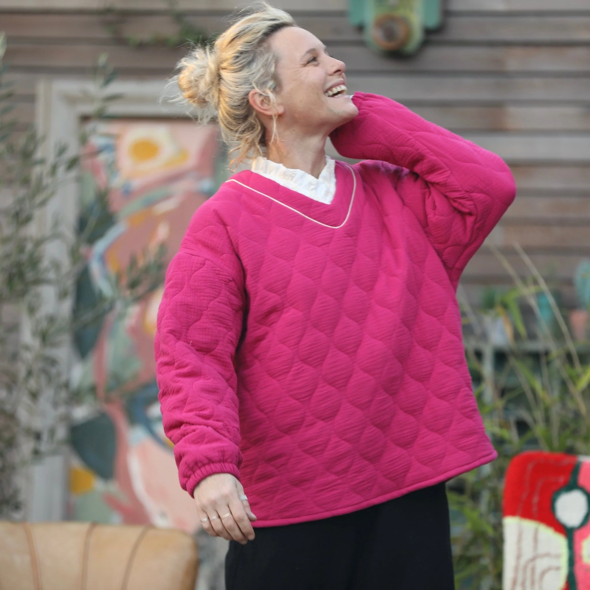 Sweat Gustave-  matelassé en double gaze de coton fushia - Image 8