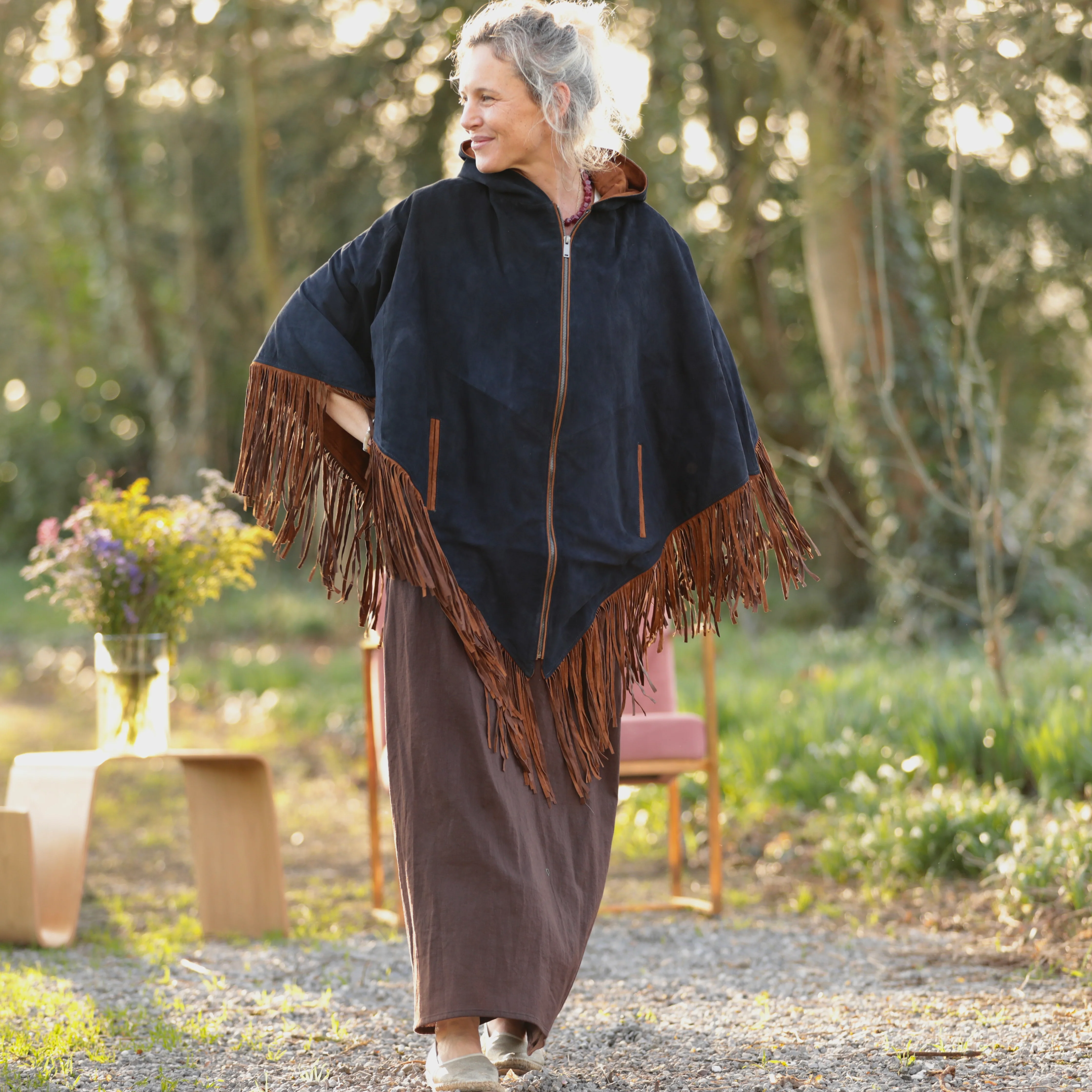 Veste Atlas - Cuir suédé chocolat et bleu marine